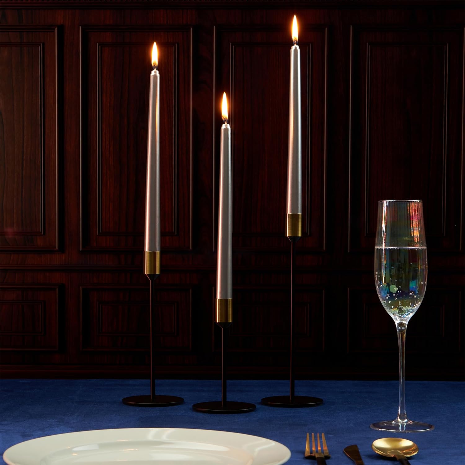 DECO EXPRESS Taper Candles Set of 6, 10, 15 or 50, Long Burning Time up to 8 Hours, Odourless (Silver, Set of 15)