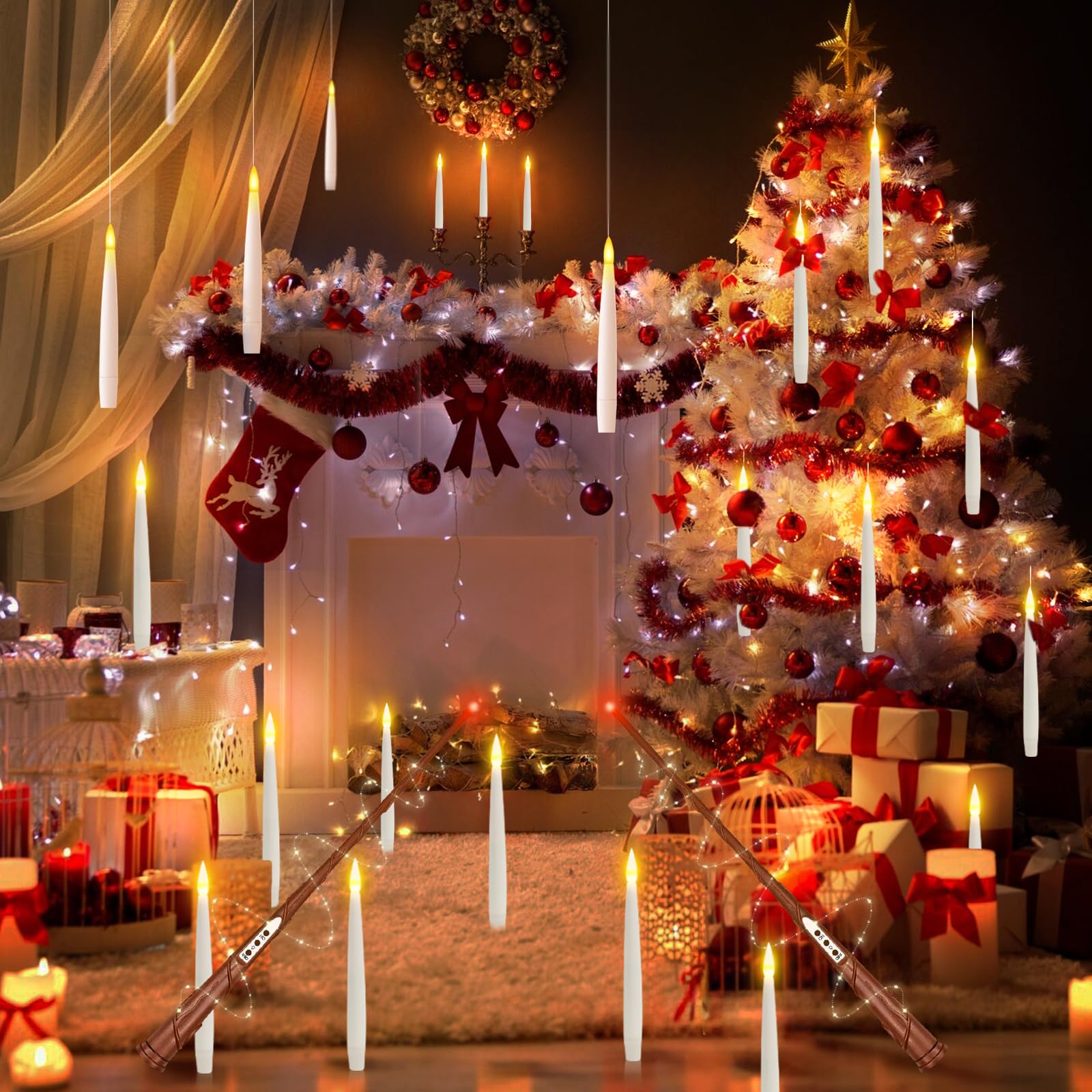 schwebende kerzen schwebende led kerzen, floating candles flackernde,Flammenlose LED Kerze mit Zauberstab Fernbedienung, LED Stabkerzen flammenlose hängende Fensterkerzen