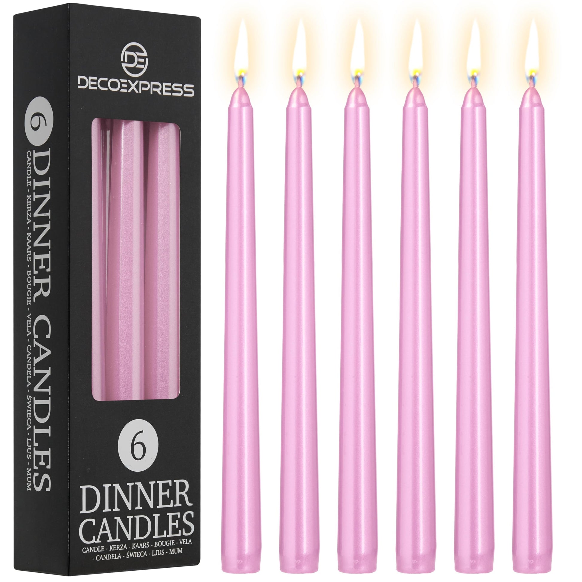 DECO EXPRESS Taper Candles Set of 6, 10, 15 or 50, Long Burning Time up to 8 Hours, Odourless (Purple, Set of 15)