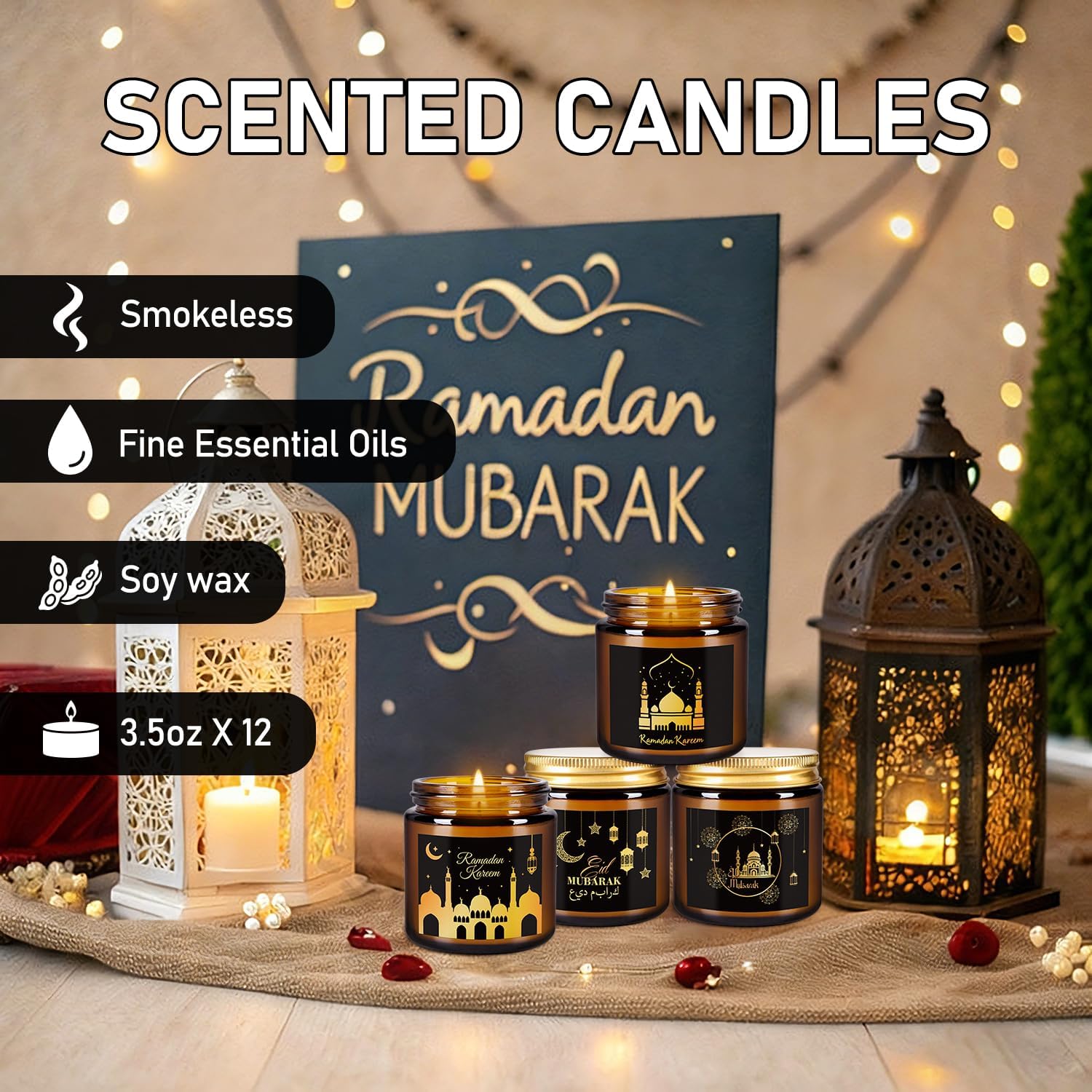 12 Pack of Ramadan Aromatherapy Candles, Glass Canned Candles
