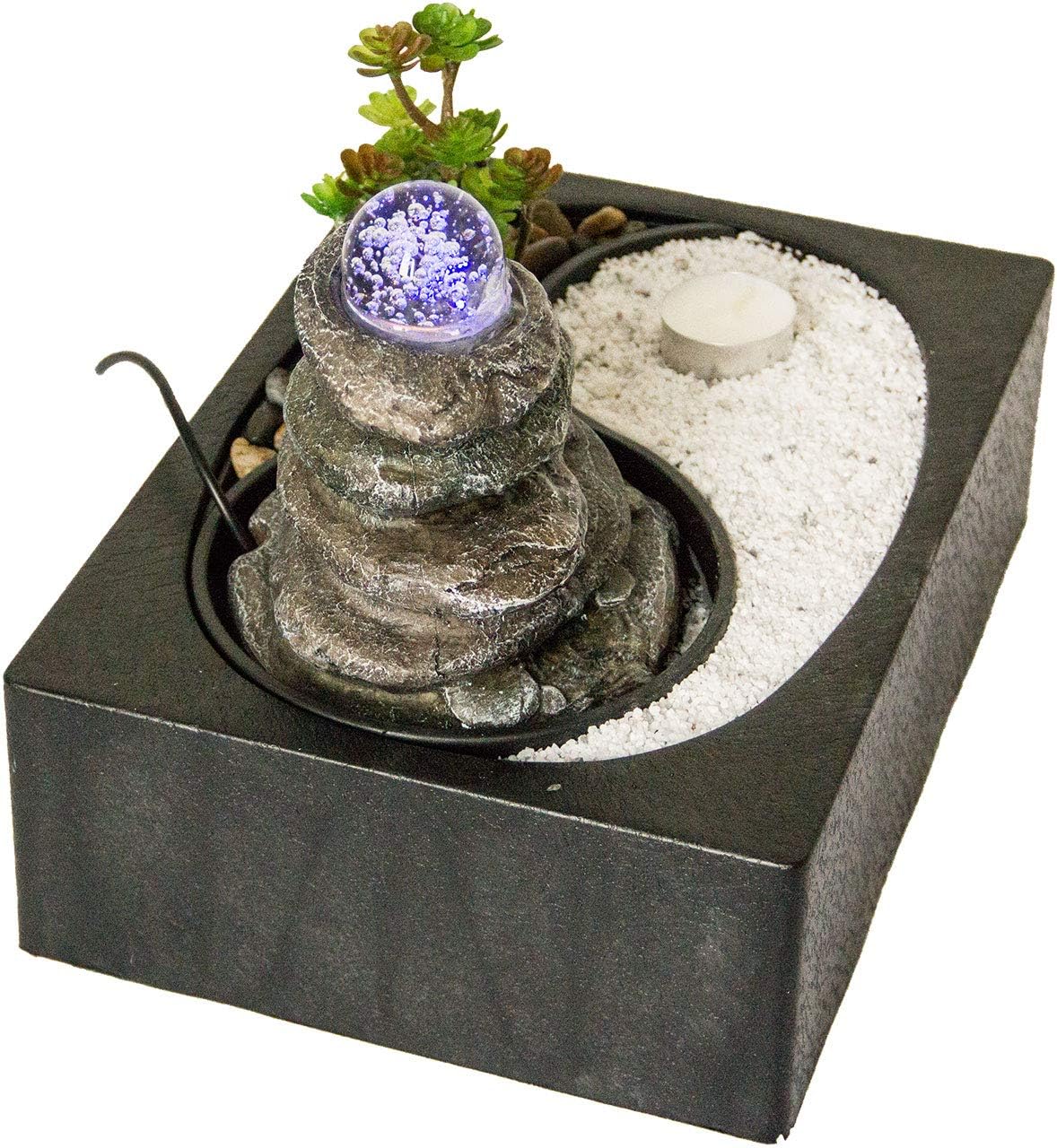 Zimmerbrunnen mit LED-Beleuchtung | Tischbrunnen mit Wasserfall und beweglicher Glaskugel | dekorativer Zierbrunnen mit Feng Shui Elementen | Springbrunnen mit Yin Yang Felsengarten für Zuhause