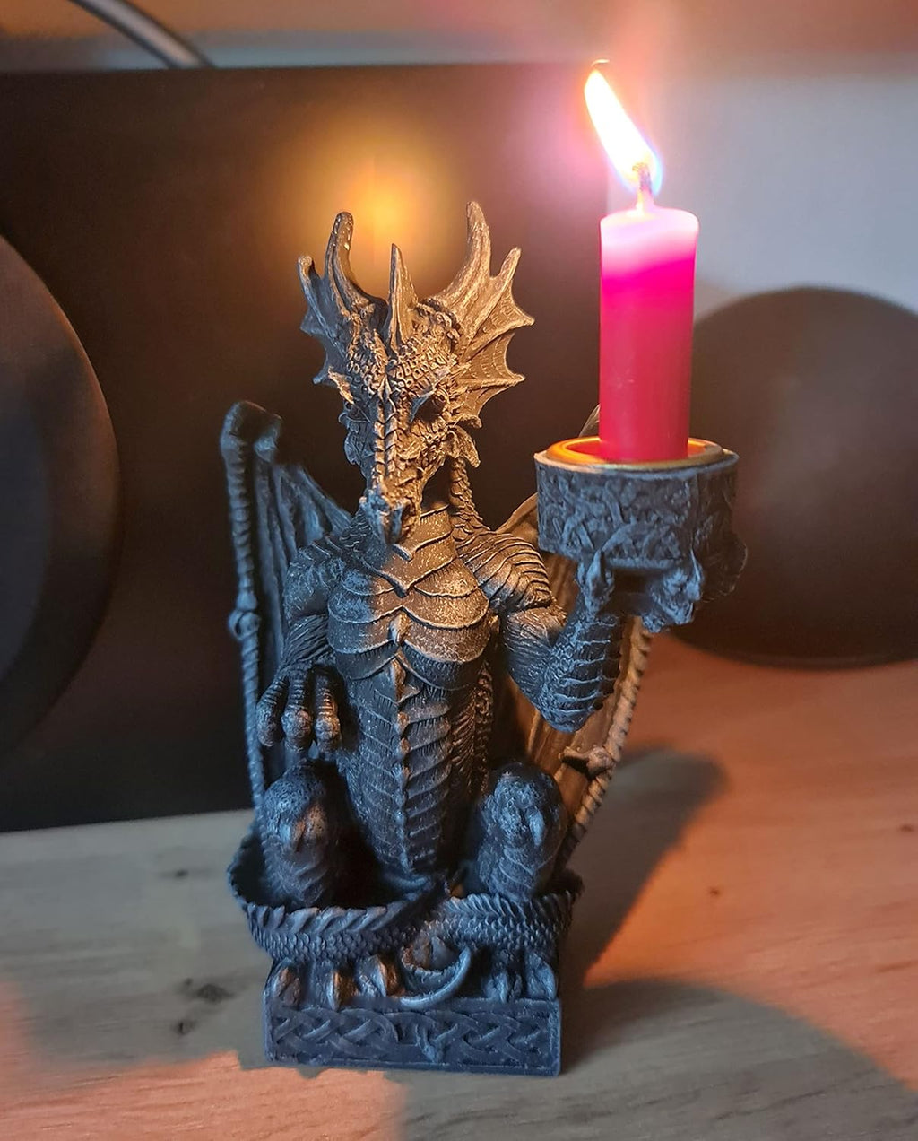 Dragon Candle Holder Figure 16 cm - Mystical Dragon Candle Holder Made of Polyresin - Fantasy Decorative Figure for Living Room, Shelf & Altar - Hand-Painted Dragon Statue with Candle Holder - Gothic