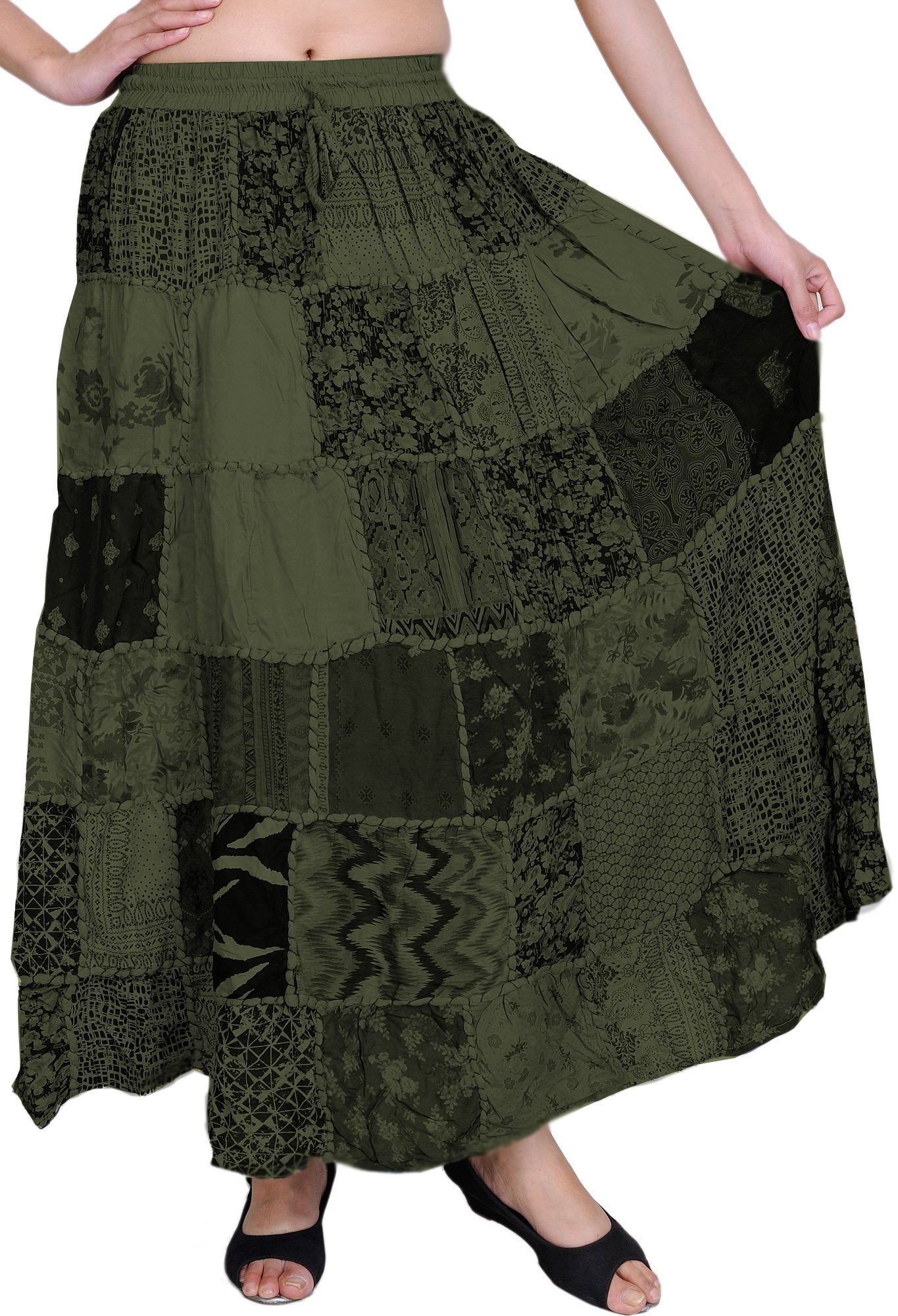 Exotic India Long Printed Dori Skirt from Gujarat with Patch Work - Rayon