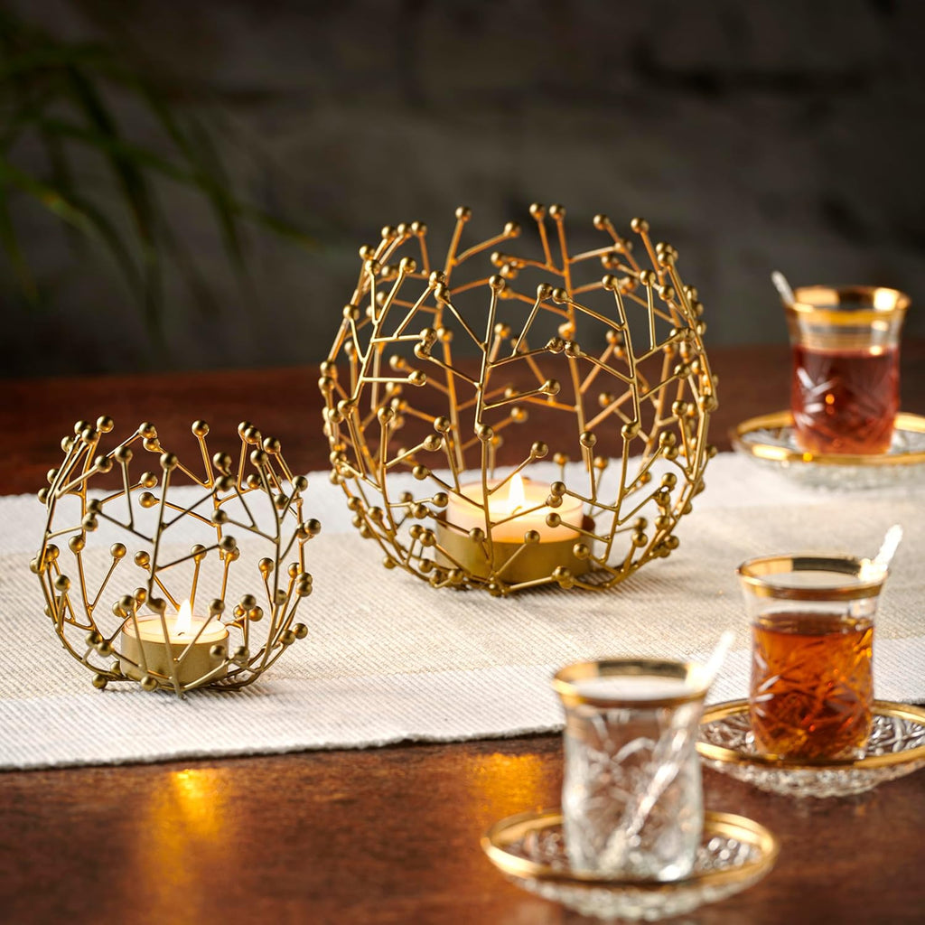 Teelichthalter Metall goldfarben 2er Set - 9,5 und 14 cm hoch - ideale Tischdeko Wohnzimmer Deko modern - Deko Fensterbank - Dekoration Wohnung modern - Kerzen Deko Set