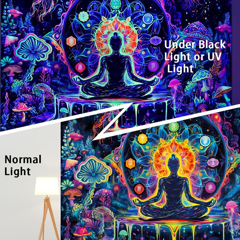 Yuiqear Blacklight Chakra Yoga Meditation Tapestry Mushroom Flower Wall Backdrop UV Reactive Mandala Tapestries Galaxy Space Jellyfish Tapestry Wall Hanging for Bedroom