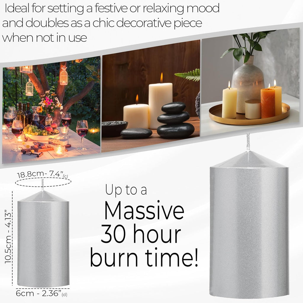 DECO EXPRESS Metallic Pillar Candle Set, 3 Pack, Candles Long Burn Time, 30 Hours, Odourless (Silver - Pack of 3)