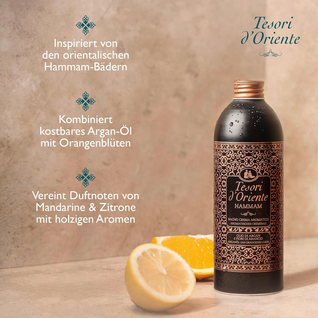 Tesori d'Oriente | Cremebad 'Hammam' | aromatisches Bad mit Argan-Öl und Orangenblüte | Körperpflege für die Badewanne | Ritual für Körper & Sinne | 500 ml