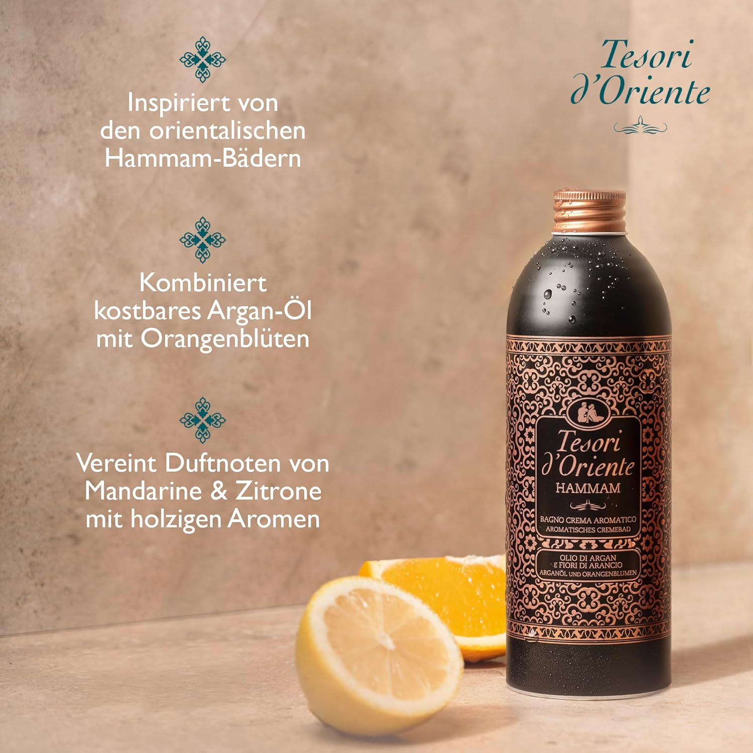 Tesori d'Oriente | Cremebad 'Hammam' | aromatisches Bad mit Argan-Öl und Orangenblüte | Körperpflege für die Badewanne | Ritual für Körper & Sinne | 500 ml