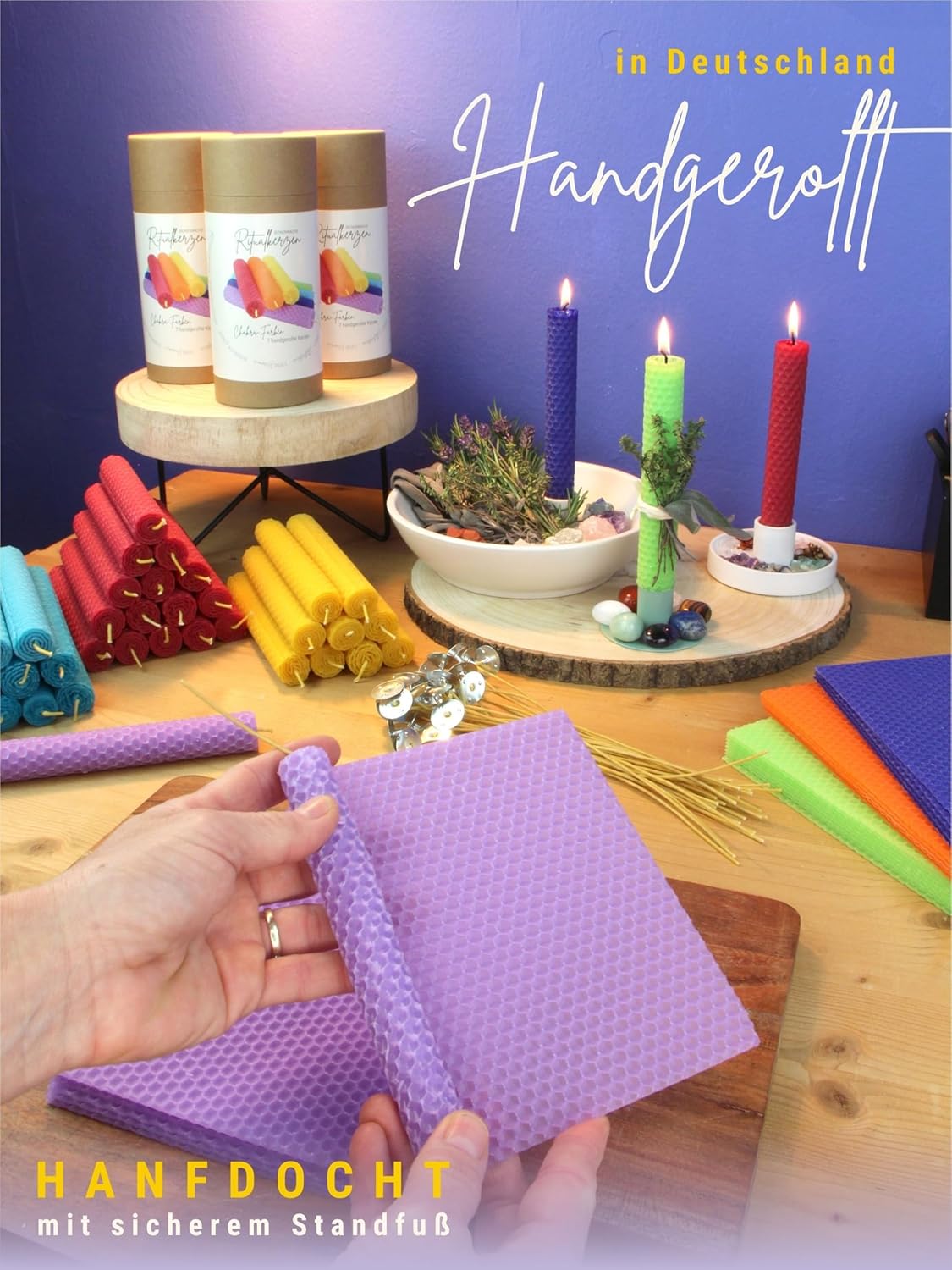 Chakra Candle Set, 7 Ritual Candles Made of Pure Beeswax, Hand Rolled from Germany, Hemp Wicks, Approx. 4 Hours Burning Time, Taper Candles in Chakra Colours for Meditation and Yoga
