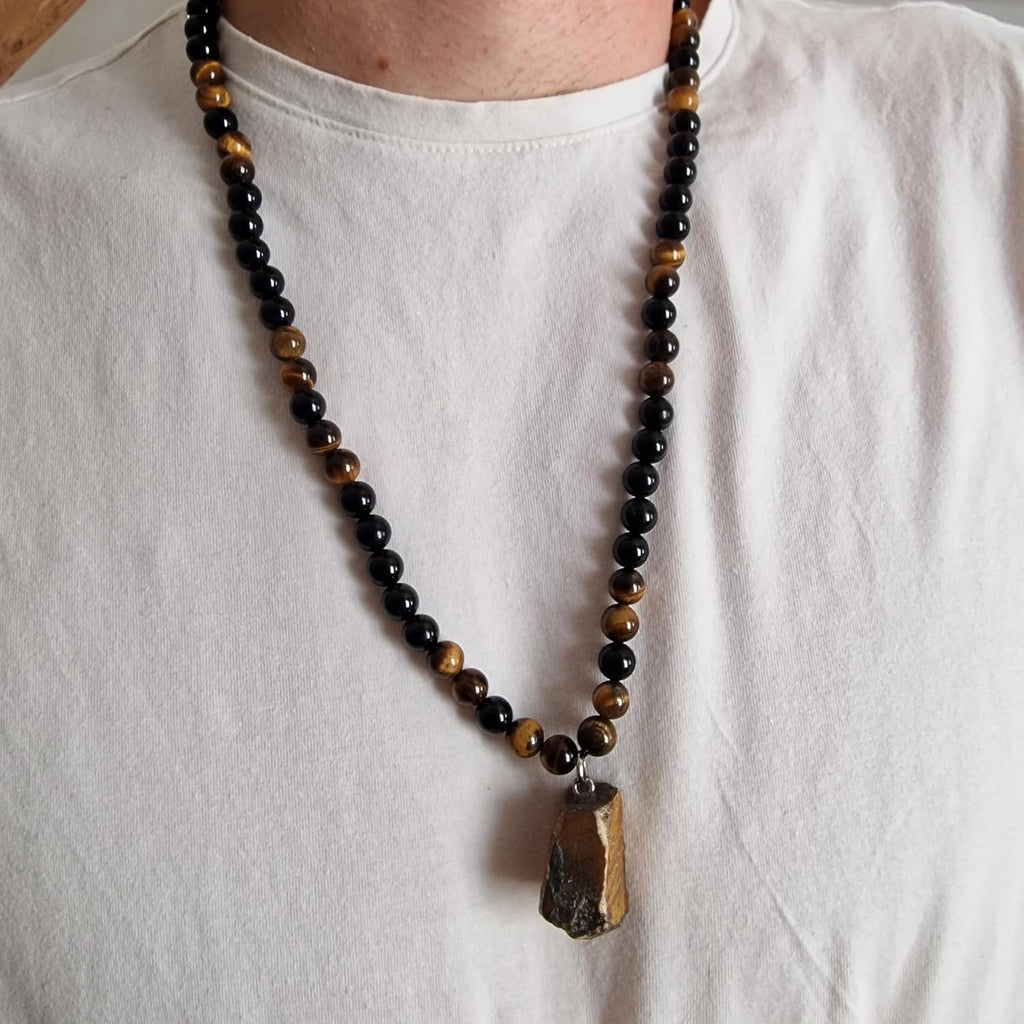 Natürlicher Kristall Schwarzer Obsidian Tigerauge Perlen Stein Halskette Armband Set Glücksamulett Anhänger Schutz Valentinstag Geschenke für Ihn