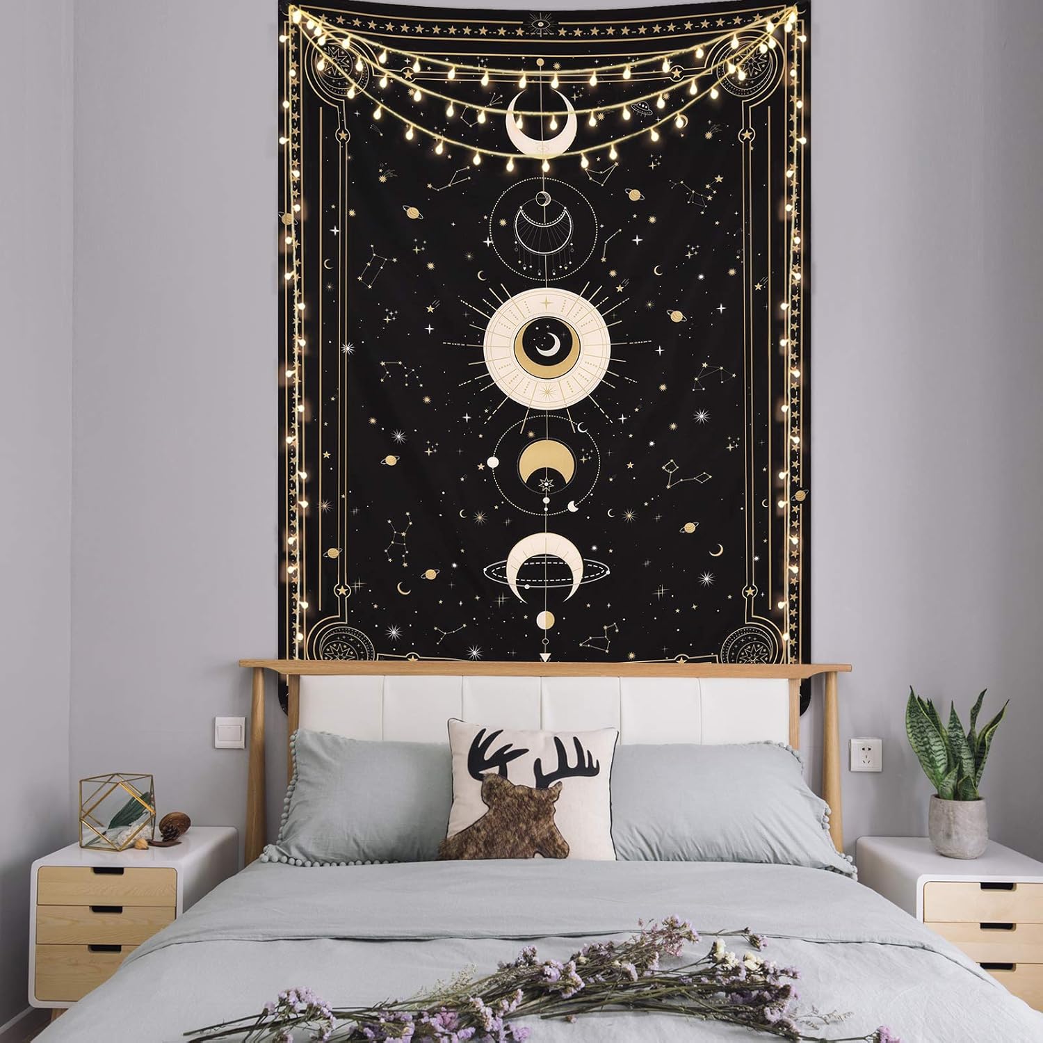 Yugarlibi Mondphasen Wandteppich Mysteriöser Konstellation Sternenhimmel Tarotkarten Wandbehang Ästhetische Retro Astrologie Wandkunst für Schlafzimmer Wohnzimmer Schwarz 150x130cm