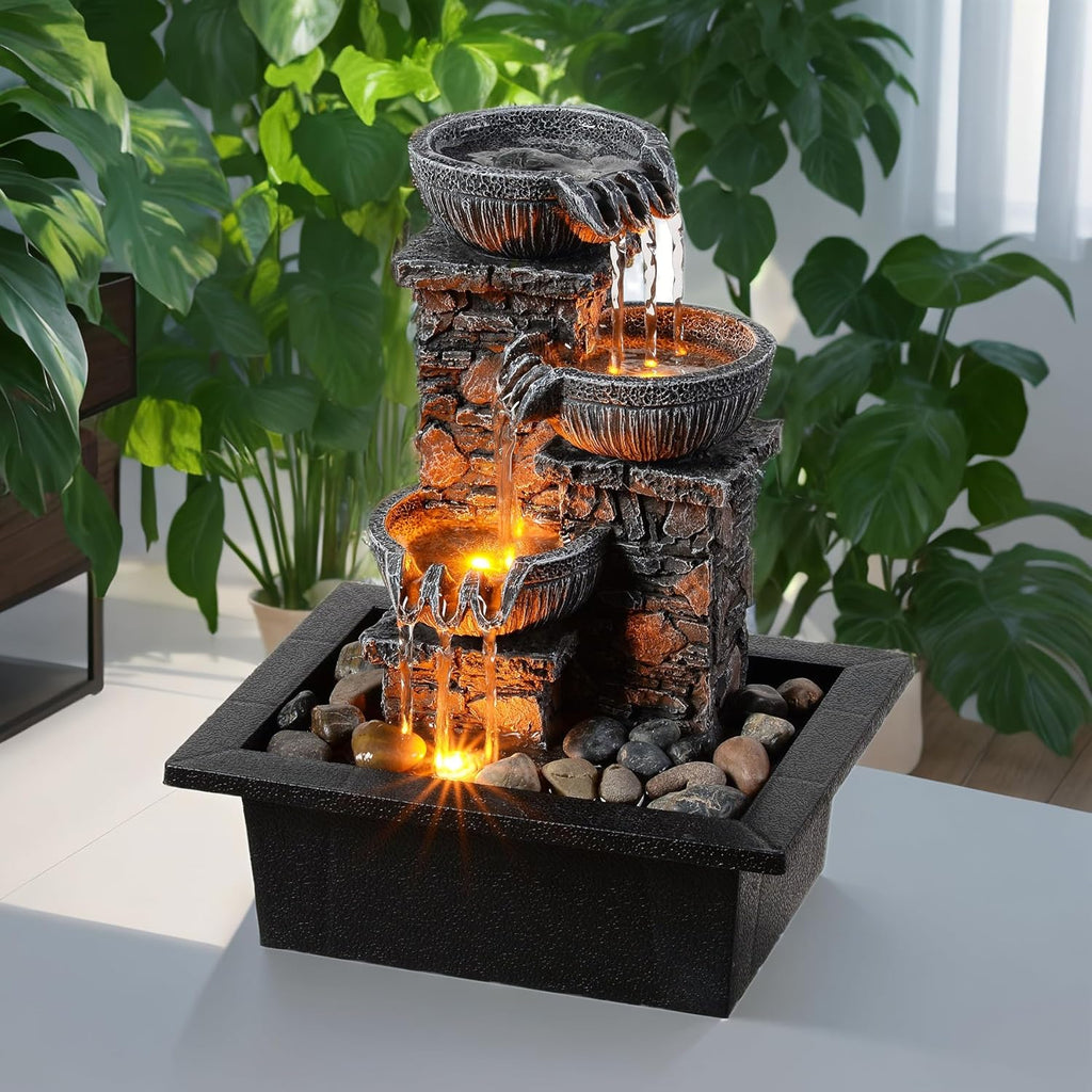 Kalona Tabletop Waterfall Fountain 3 Bowls with LED Light, Soothing Water Flow Sound, Zen Meditation Decor for Home and Office, Relaxation Water Fountains Indoor (23113)