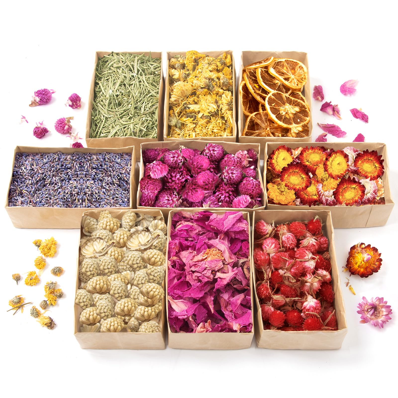 Dried Herbs and Flowers for Candle Soap Making, Lavender Rose for DIY Craft | 50 Bags Witchcraft Herbs for Altar Decor, Pagan Ritual, Bulk Botanical Jasmine Peony Rosemary Ideal for Resin Pressed Flowers