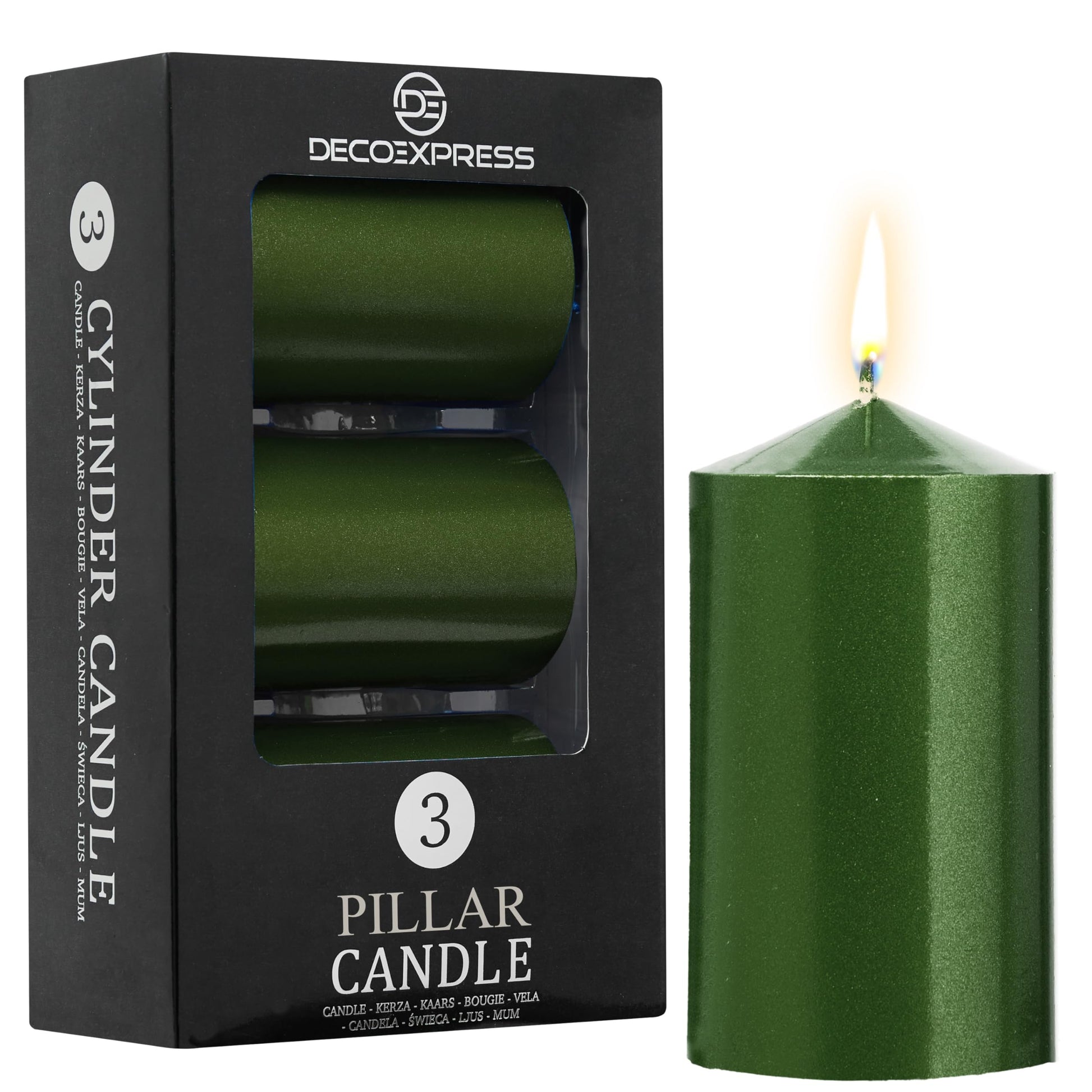 DECO EXPRESS Metallic Pillar Candle Set, 3 Pack, Candles Long Burn Time, 30 Hours, Odourless (Silver - Pack of 3)