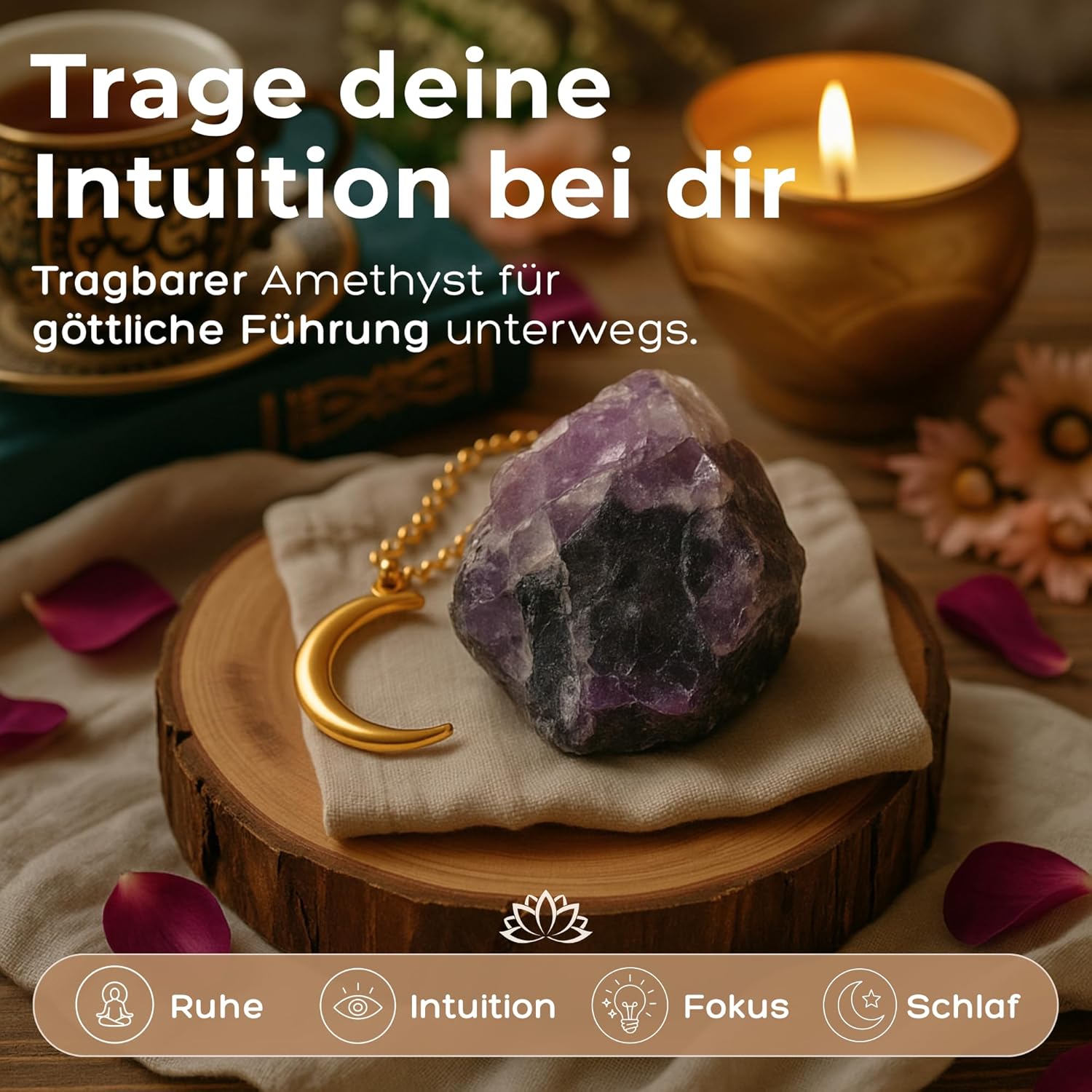 Anima Premium Amethyst Stone Set - Amethyst Tower, Cluster and Raw Crystal - Large Crystals and Healing Stones in Wooden Box - Ideal Spiritual Gift for Women for Meditation and Restful Sleep