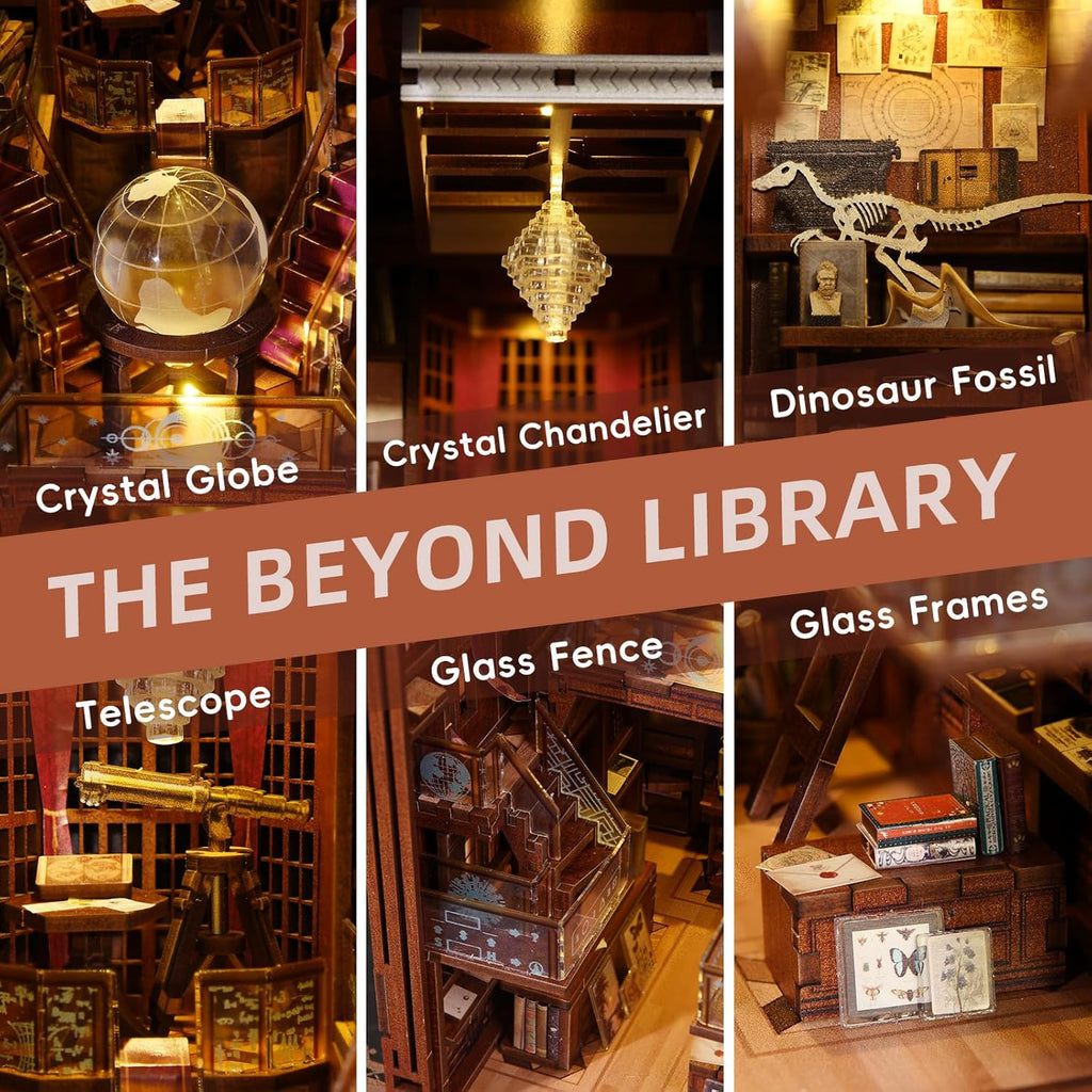 Book Nook Kit, DIY Miniatur Puppenhaus Booknook Kit, 3D Wooden Puzzle Bookend Bookshelf Insert Decor mit LED-Licht und Staubschutzhülle für Jugendliche und Erwachsene (Beyond Library)