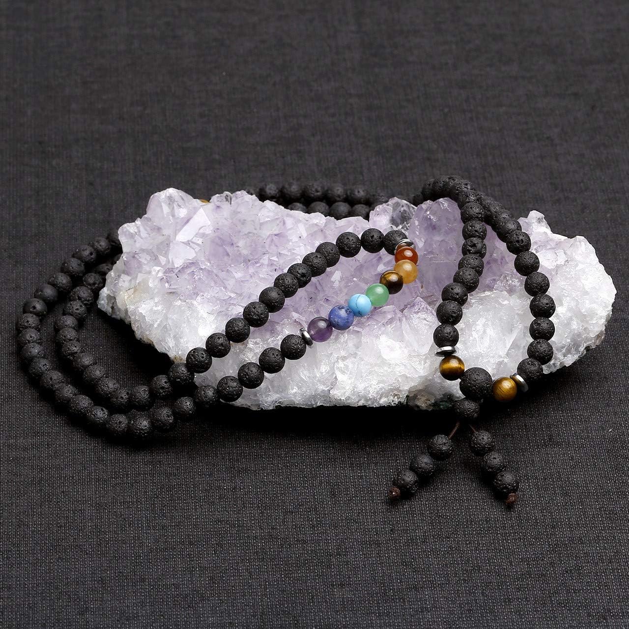 CrystalTears 108 Perlen Mala Kette 6mm Stein Wickelarmband Chakra Armband Healing Reiki Edelstein Yoga Armreif Buddha Gebetskette Halskette (Lava Stein)