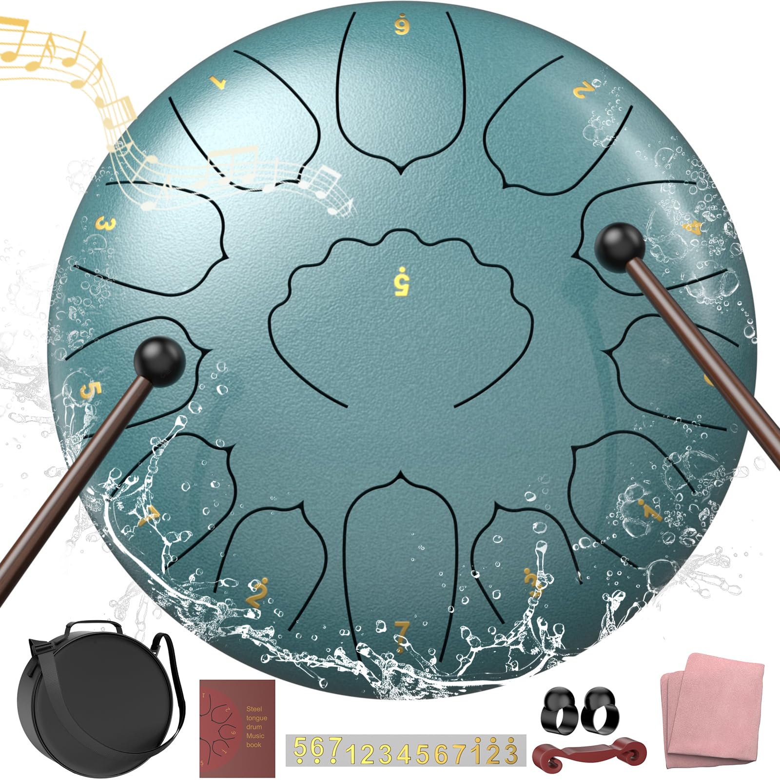 Rain Drum for Outside Garden, 6 Inches 8 Notes Steel Tongue Chakra Drums, Waterproof Meditation Rain Chime, Musical Instruments for Adult Gift with Bag, Music Book, Drum Mallets (Green)