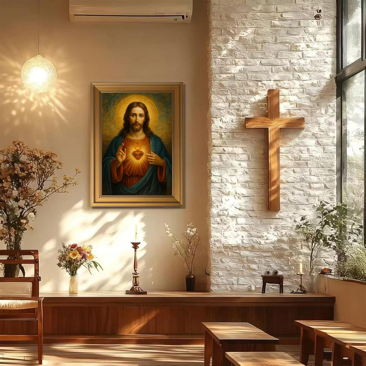 Vintage Gold Framed Wall Art 9x11 Inch Sacred Heart of Jesus Paintings Pictures Wall Decor Christian Canvas Poster Printing Artwork for Living Room Bedroom Prayer Room Home Decoration Ready to Hang