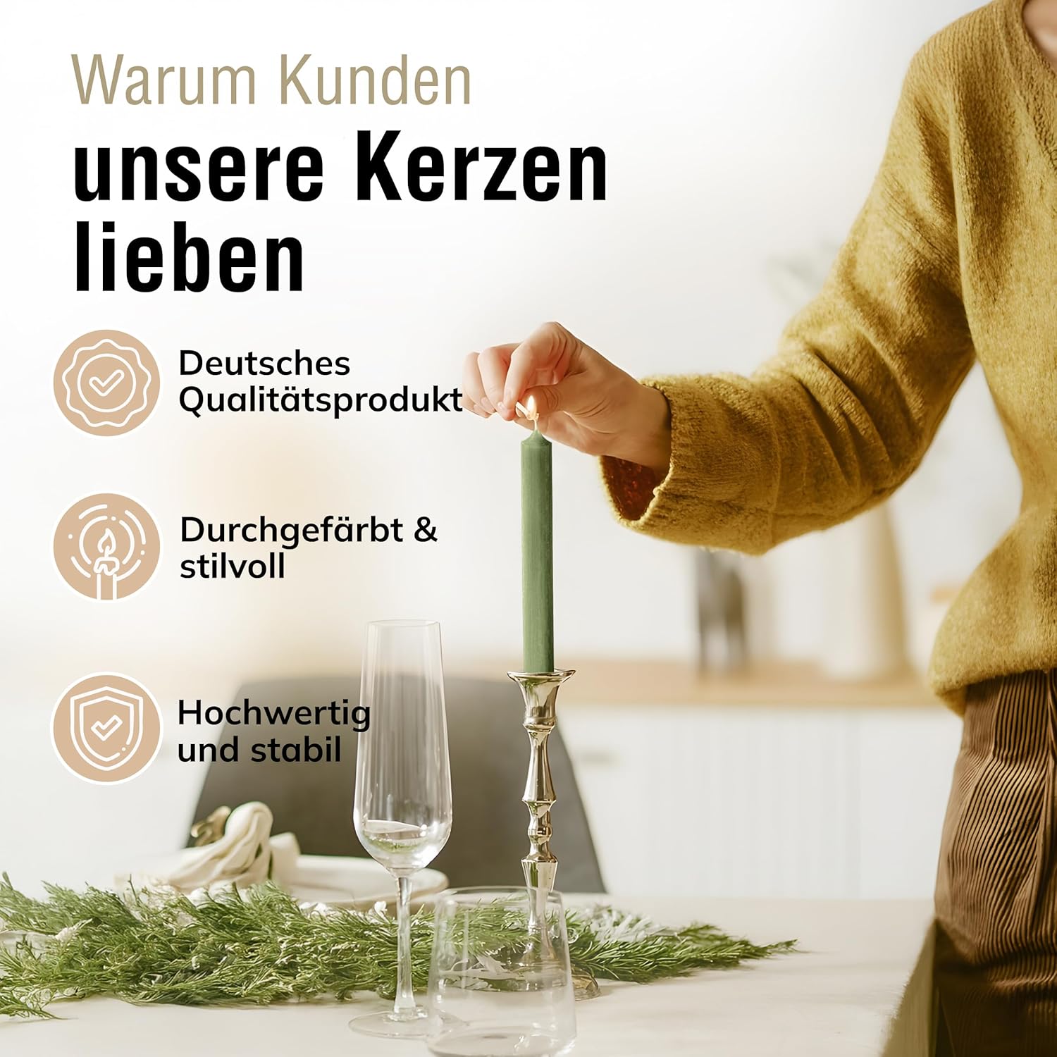 Bunte Stabkerzen Durchgefärbte, 10 Stück, 180mm x 22mm, Spitzkerzen, 8+ Stunden Brenndauer, Made in Germany - Ohne Tropfen & Rußen - Unparfümierte und RAL-Zertifizierte Tafelkerzen (Jade Grün)