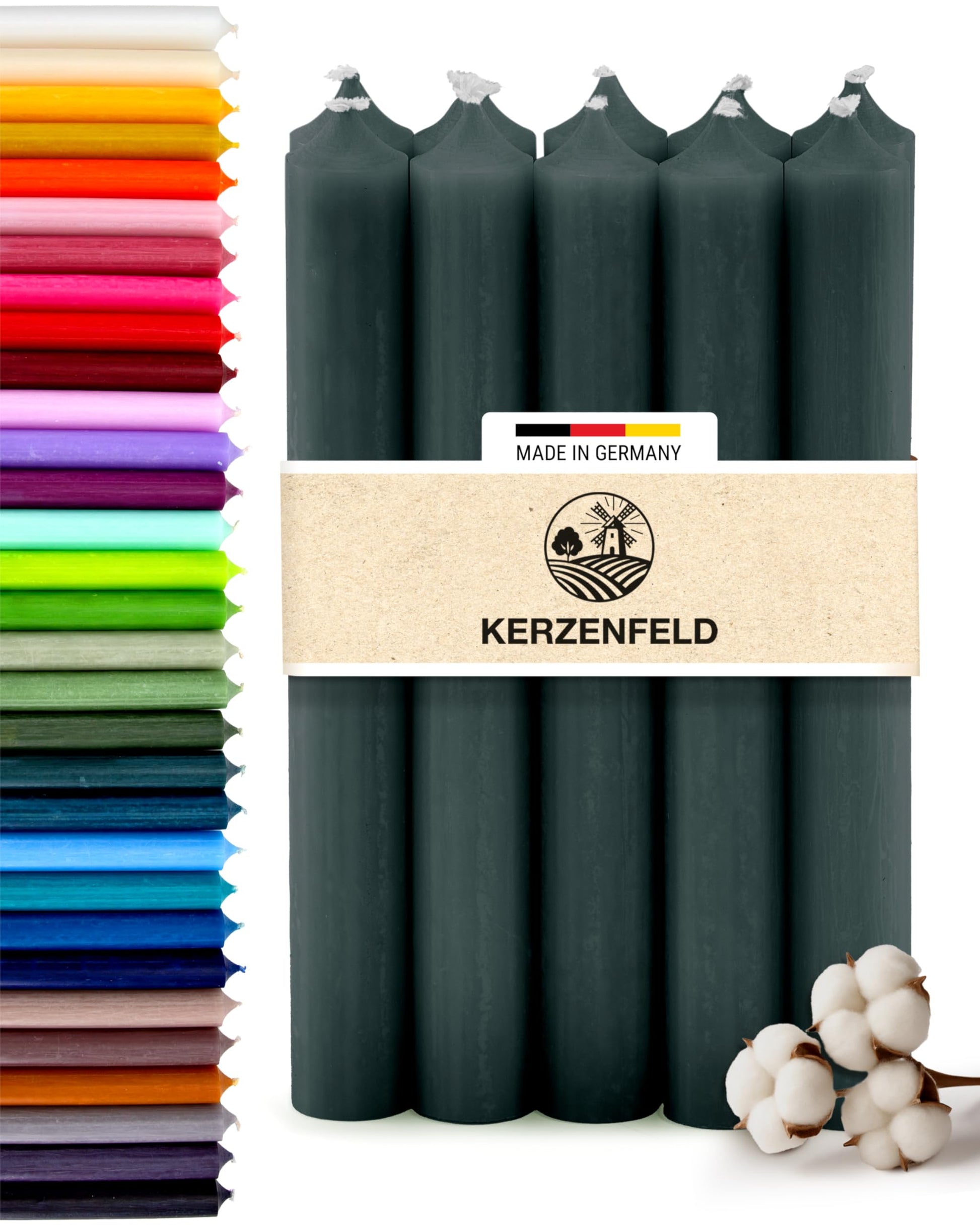 Bunte Stabkerzen Durchgefärbte, 10 Stück, 180mm x 22mm, Spitzkerzen, 8+ Stunden Brenndauer, Made in Germany - Ohne Tropfen & Rußen - Unparfümierte und RAL-Zertifizierte Tafelkerzen (Jade Grün)