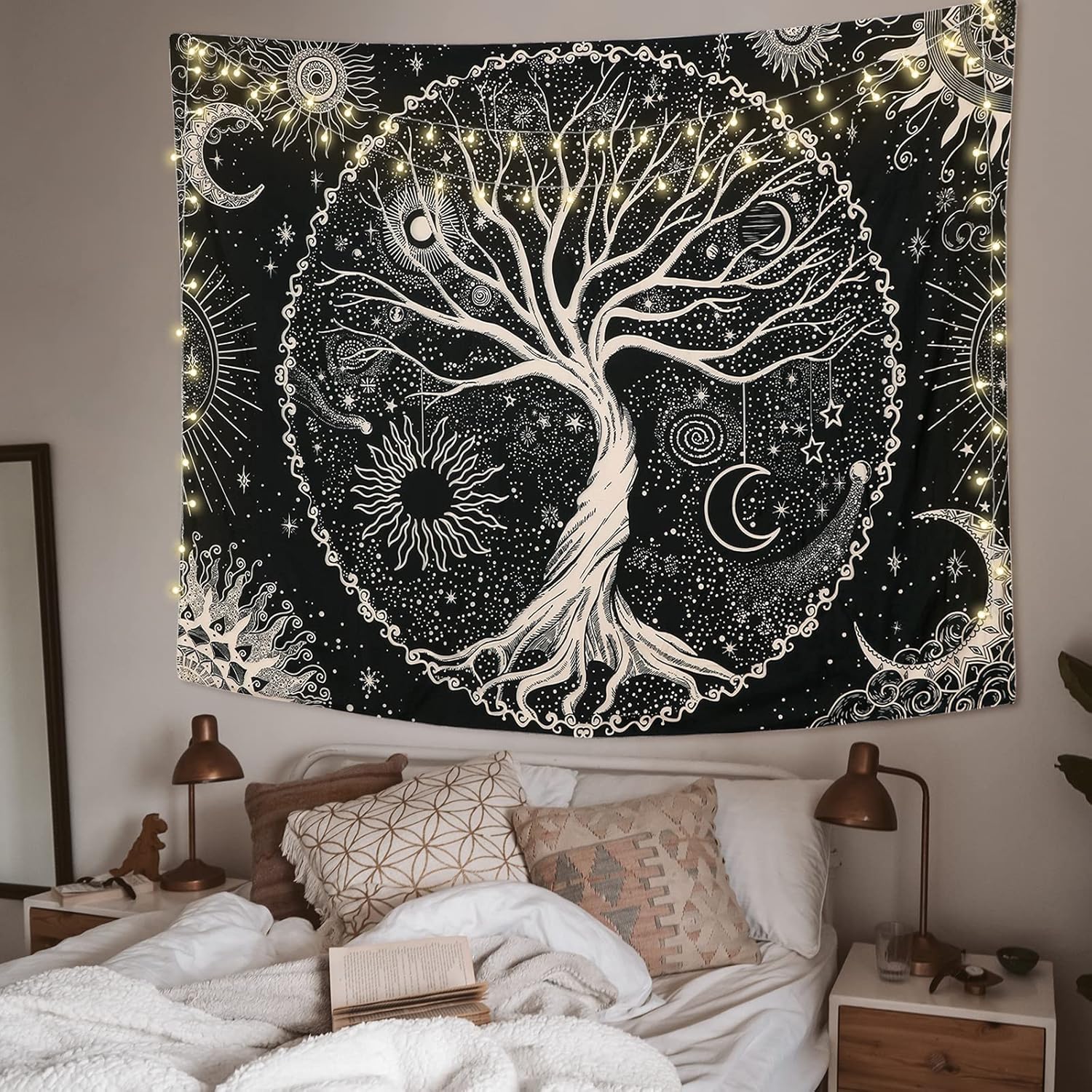 Betylifoy Baum des Lebens Tapisserie Mond und Sonne Schwarzer Wandbehang Tapisserie Psychedelisches Mandala Sternenhimmel Wandteppich Hippie Tapisserie für Schlafzimmer (148x200cm)