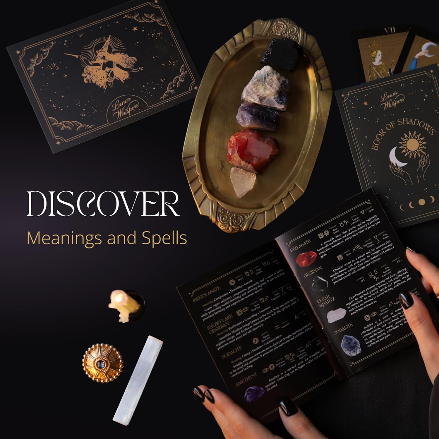 Großes Hexerei-Set 70-teilig – Premium Hexen-Kit für Anfänger – Wicca-Zubehör und Werkzeuge – Altarbild, Kristalle, Edelsteine, Kräuter, Zauberkerzen