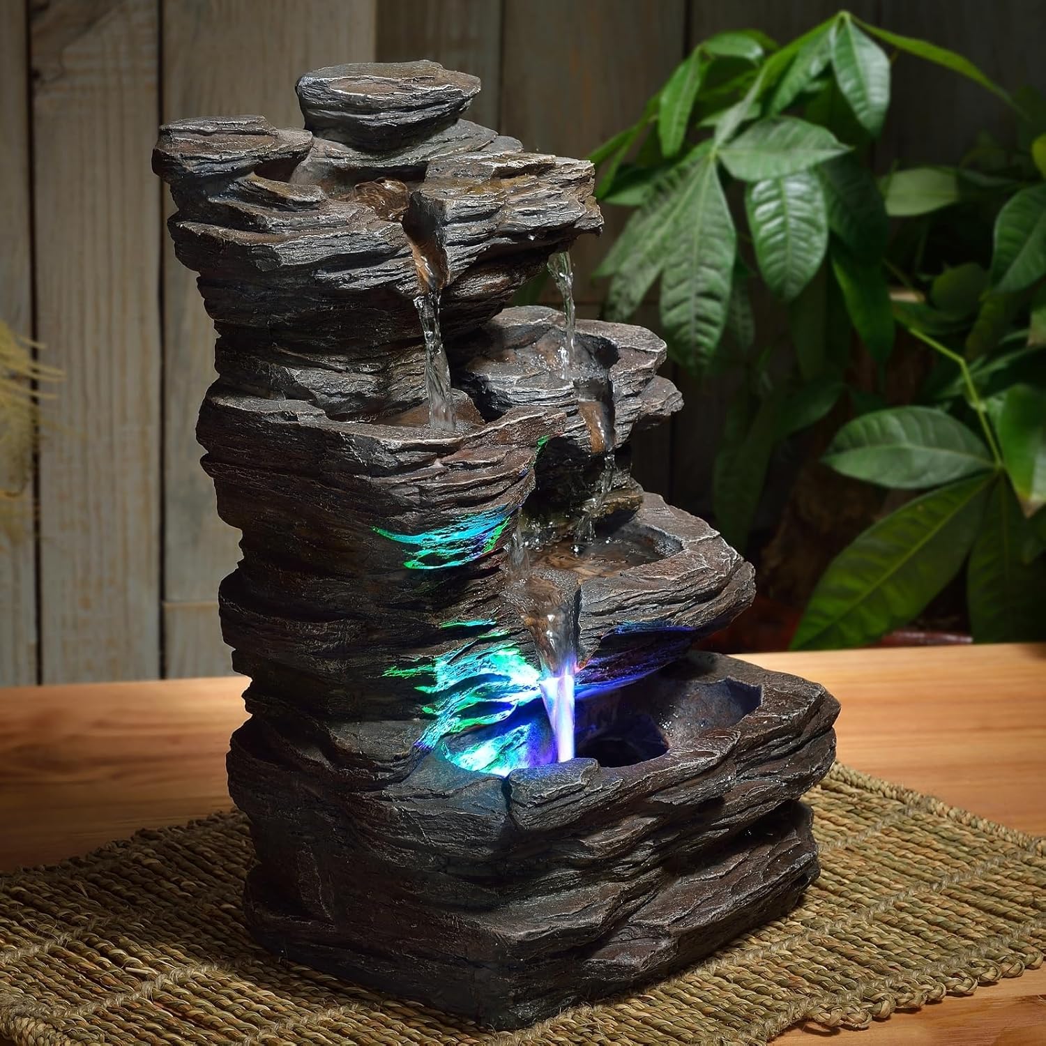 Zen’Light - Zimmerbrunnen Pietra - Steinoptik aus Kunstharz mit Bunten Lichteffekten - Moderne Zen Deko, Meditation & Entspannung - Glücksbringer - H35cm