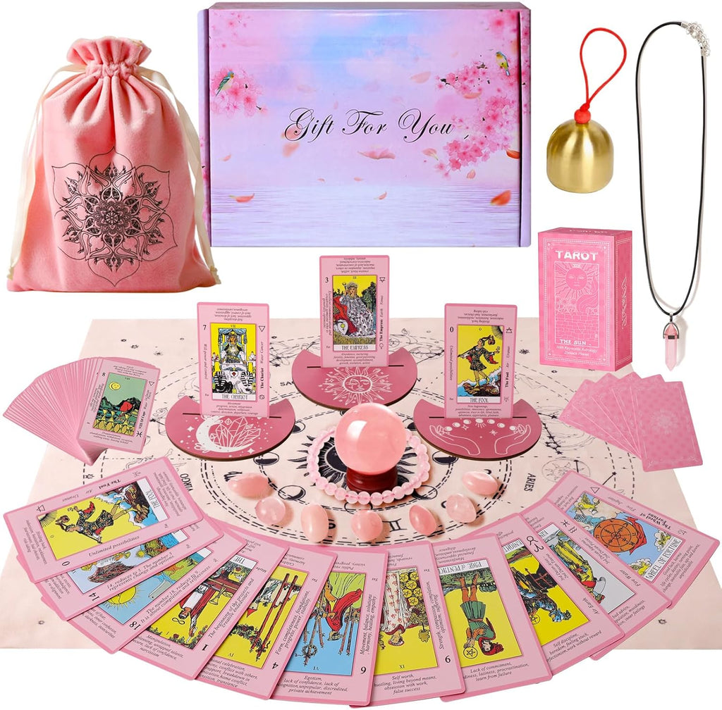 Myripoly Pink Tarot Cards Deck Set for Beginners-Classic Tarot Cards with Meanings on Them-17PC Tarot Witchcraft Kit,-Crystal Ball Divination- Fei Shui Bracelet