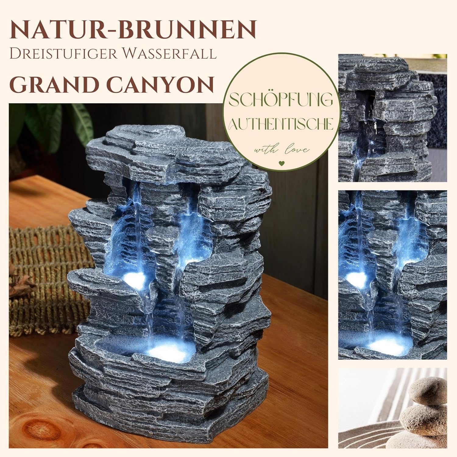 Zen'Light - Zimmerbrunnen Grand Canyon - Wasserfall in Steinoptik - Weiße LED-Beleuchtung - Moderne Zen Deko, Ideal für Meditation & Entspannung - Feng Shui - H 28cm, Grau