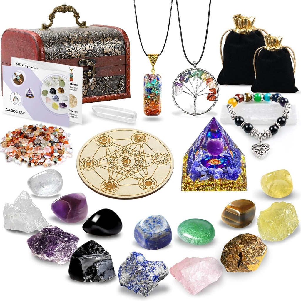 21 Stück Kristalle Steine Set,Kristall Heilsteine,Heilkristalle Edelsteine 7 Kristallen,7 Chakra-Stein und Pyramide mit Stoffbeutel für Meditation,Adventskalender,Reiki,Energieausgleich
