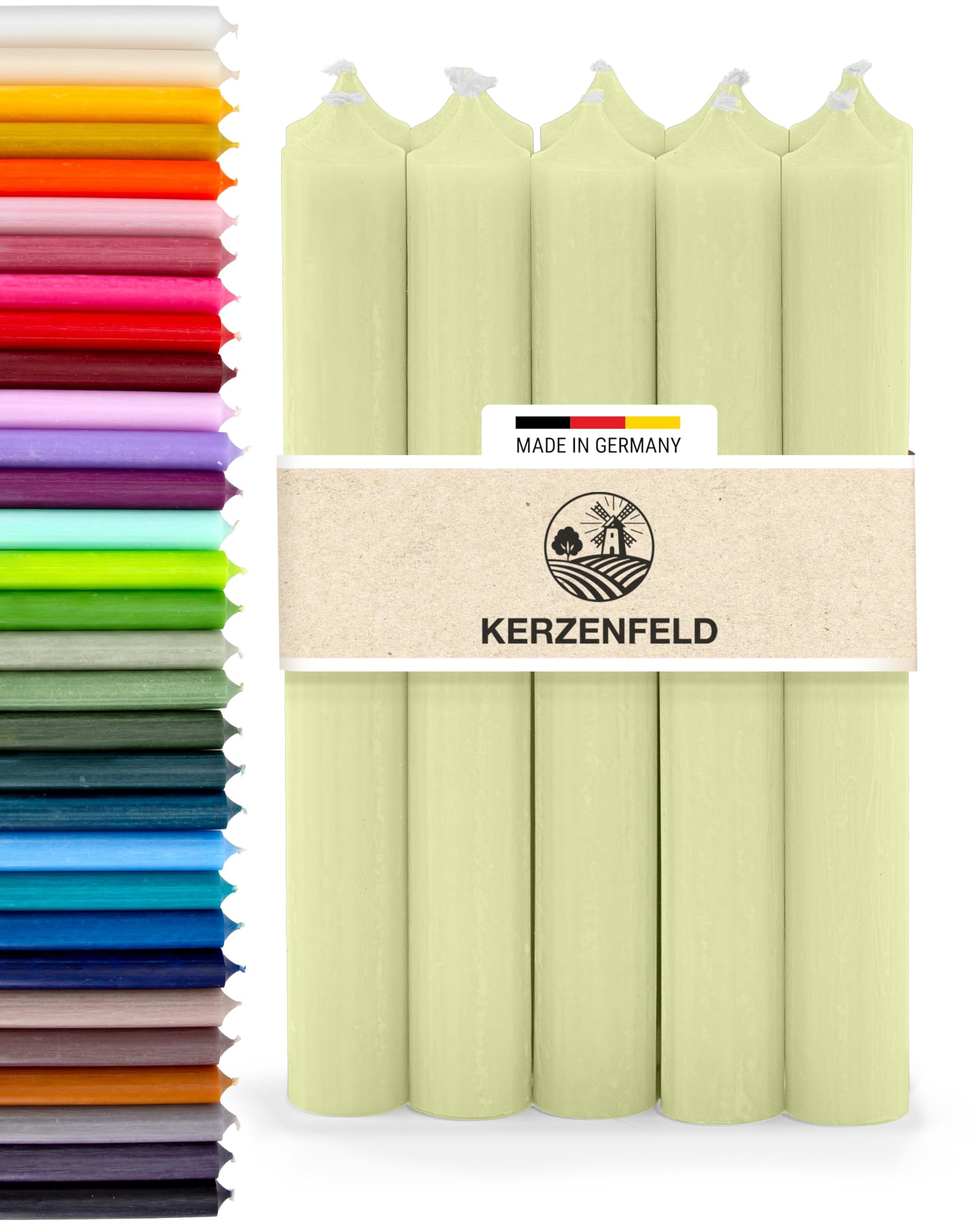 Bunte Stabkerzen Durchgefärbte, 10 Stück, 180mm x 22mm, Spitzkerzen, 8+ Stunden Brenndauer, Made in Germany - Ohne Tropfen & Rußen - Unparfümierte und RAL-Zertifizierte Tafelkerzen (Jade Grün)