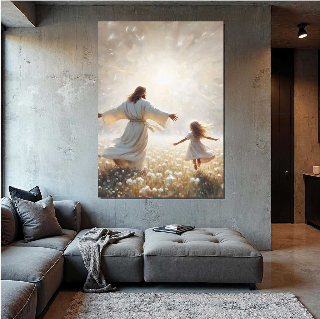 Jesus canvas painting spiritual artwork featuring a girl in a flowing white robe happily playing in a warm field of golden daisies. Adds a vibrant atmosphere to your home's sacred wall decor