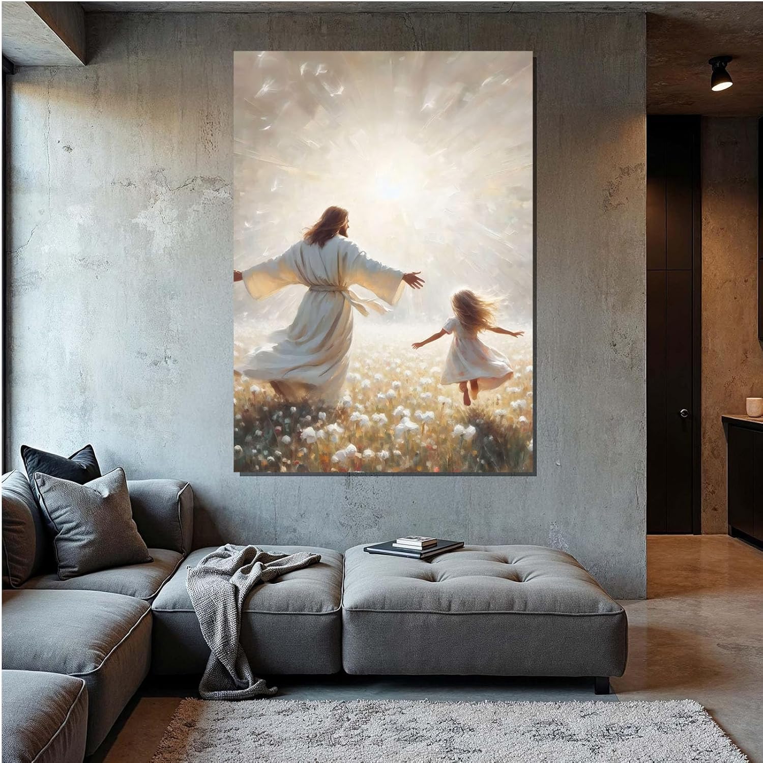 Jesus canvas painting spiritual artwork featuring a girl in a flowing white robe happily playing in a warm field of golden daisies. Adds a vibrant atmosphere to your home's sacred wall decor