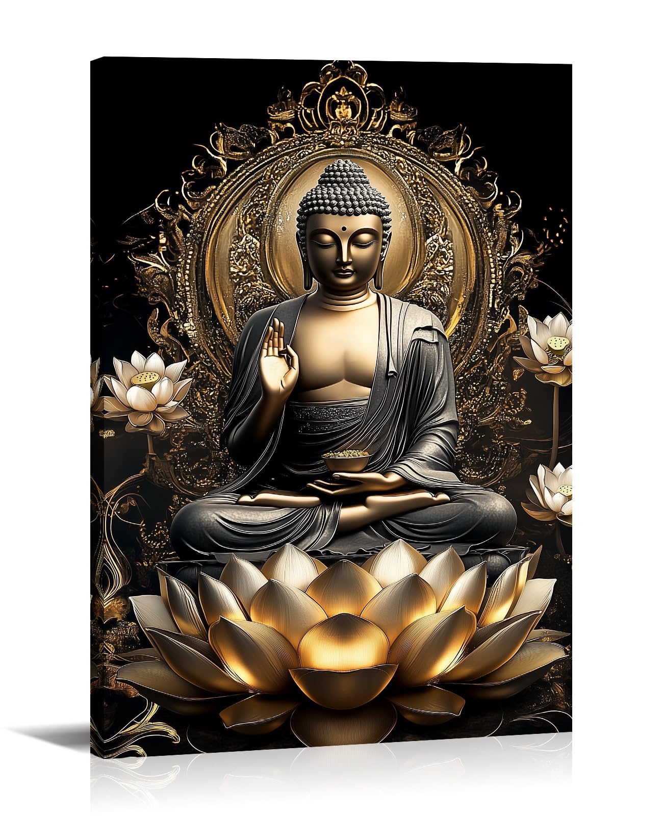 Buddha Canvas Wall Art Zen Wall Decor Blue Buddha Pictures Religious Painting Vintage Prints Meditation Art for Yoga Spa Spiritual Room Bathroom Home Decor Framed - 12.00"x18.00"
