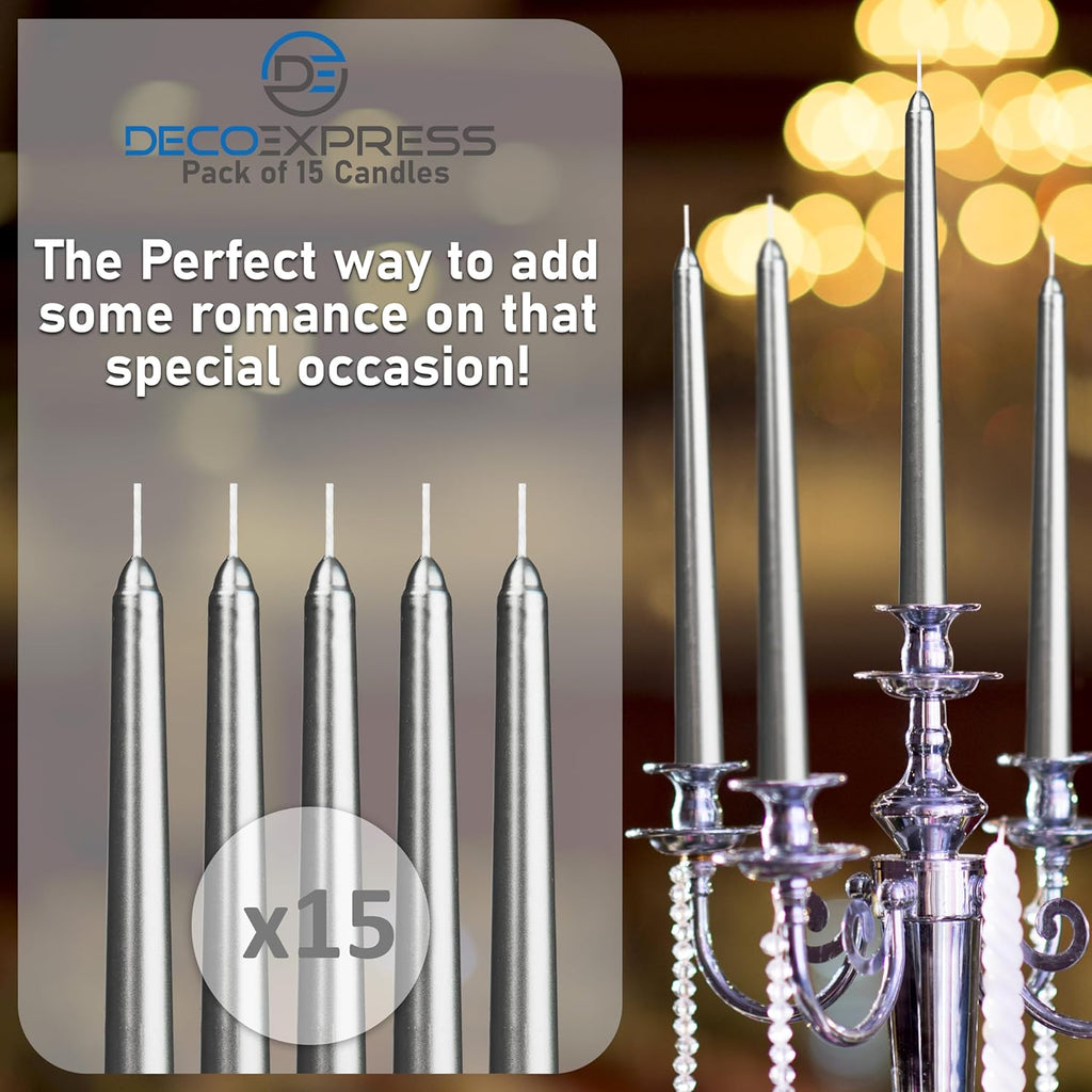 DECO EXPRESS Taper Candles Set of 6, 10, 15 or 50, Long Burning Time up to 8 Hours, Odourless (Silver, Set of 15)