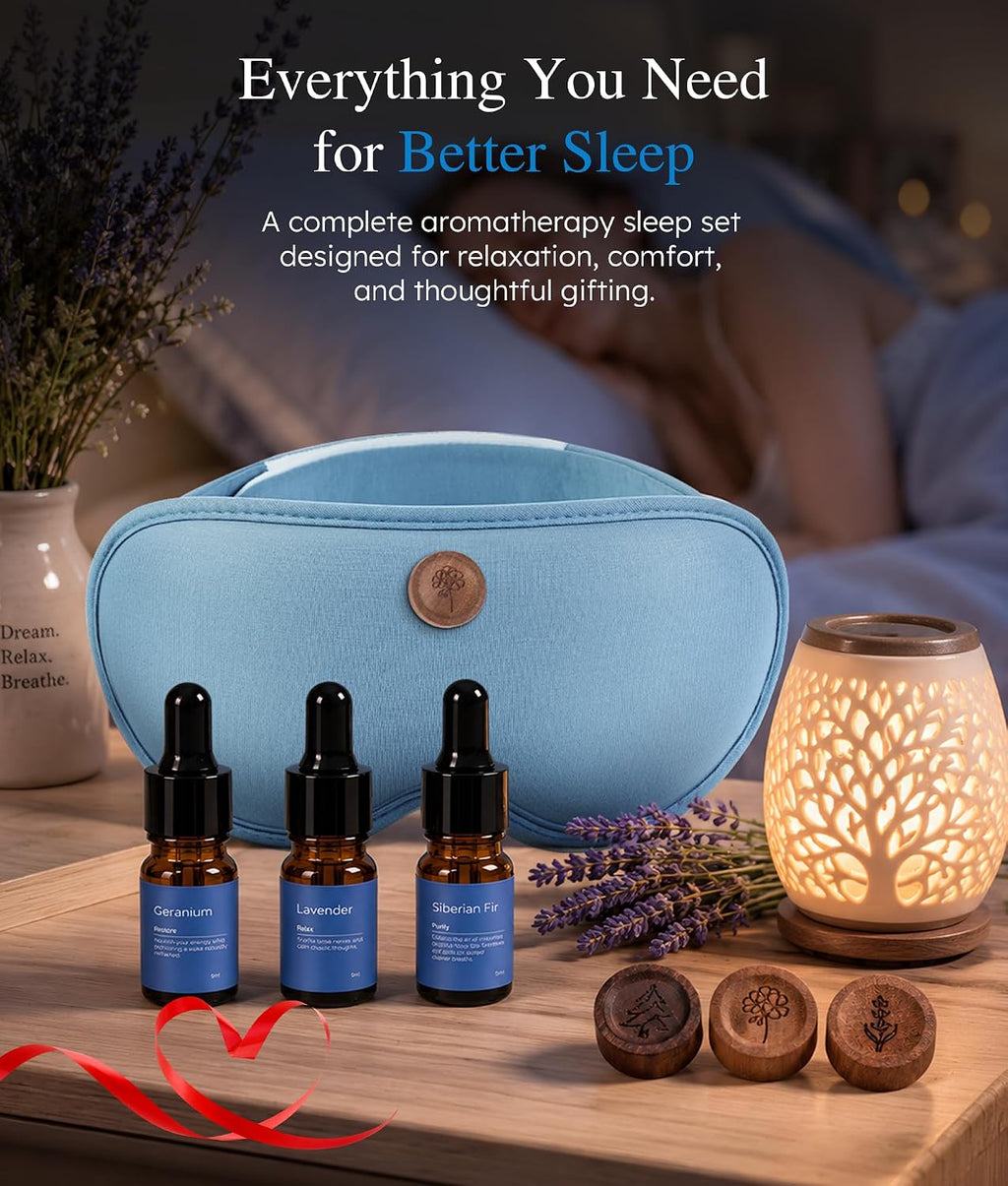 MUSICOZY Aromatherapy Sleep Mask Essential Oil Diffuser 3D Blackout Design | Wood Diffuser with Lavender, Fir, Geranium Oils, Adjustable Strap, Bamboo Fiber Comfort for Sleeping Meditation Relaxation