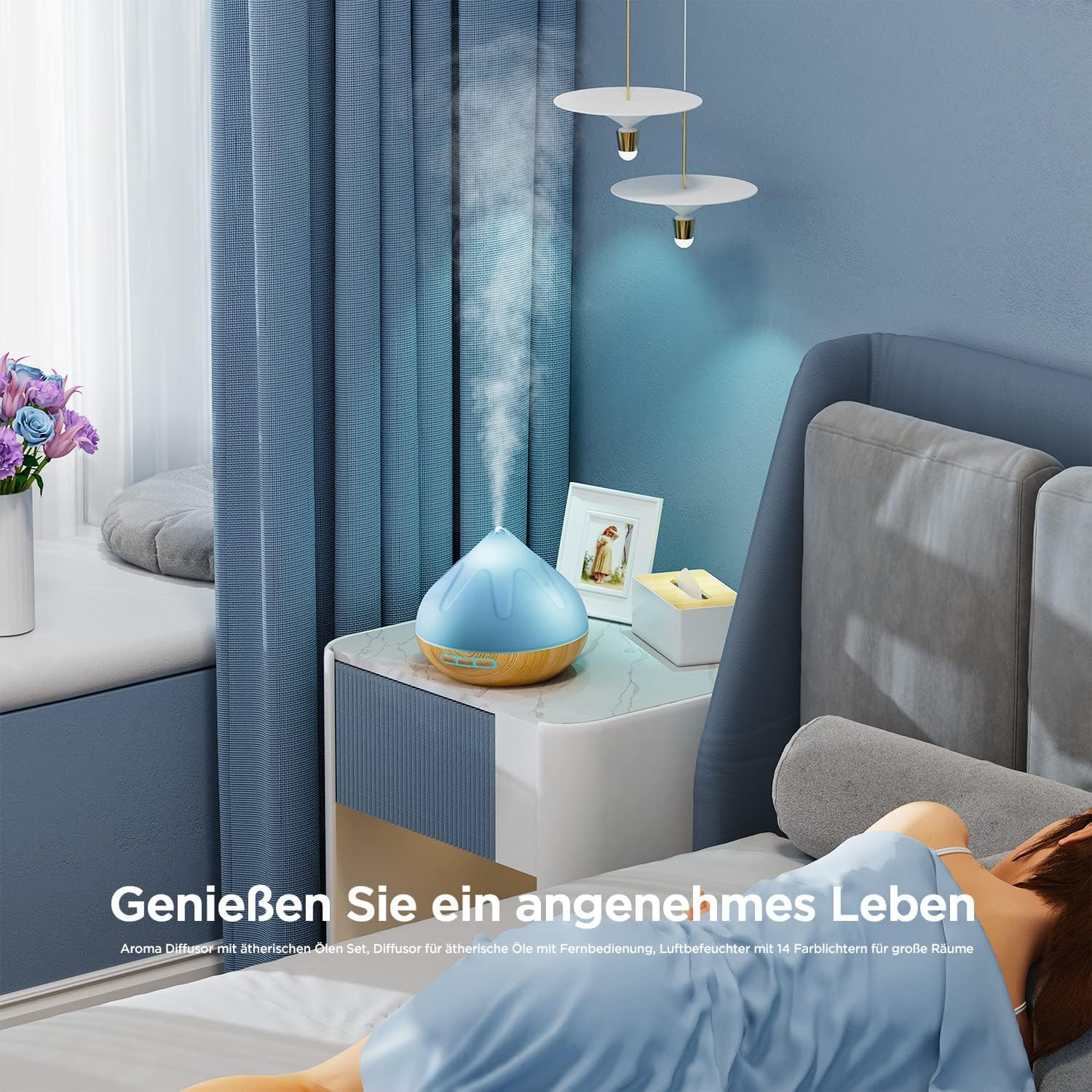 Aroma Diffusor Set für Ätherische Öle 500 ML, 8 x10 ML Ätherische Öle, Aromatherapie Diffuser Mit Fernbedienung,14 Farben LED Mit 4 Timer-Einstellung