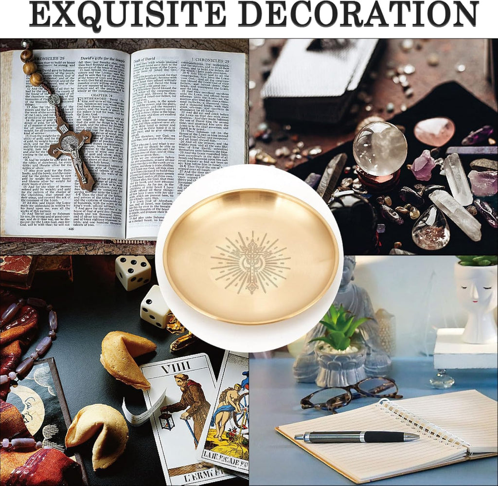 CREATCABIN Kreuz Opferschale Altar Ritualplatte Edelstahl Goldene Kristall Aufbewahrung Flache Schale Rundes Tablett Gebetsschale Kerzenhalter Schmuckschale Zum Räuchern Räuchergefäß 14x14cm