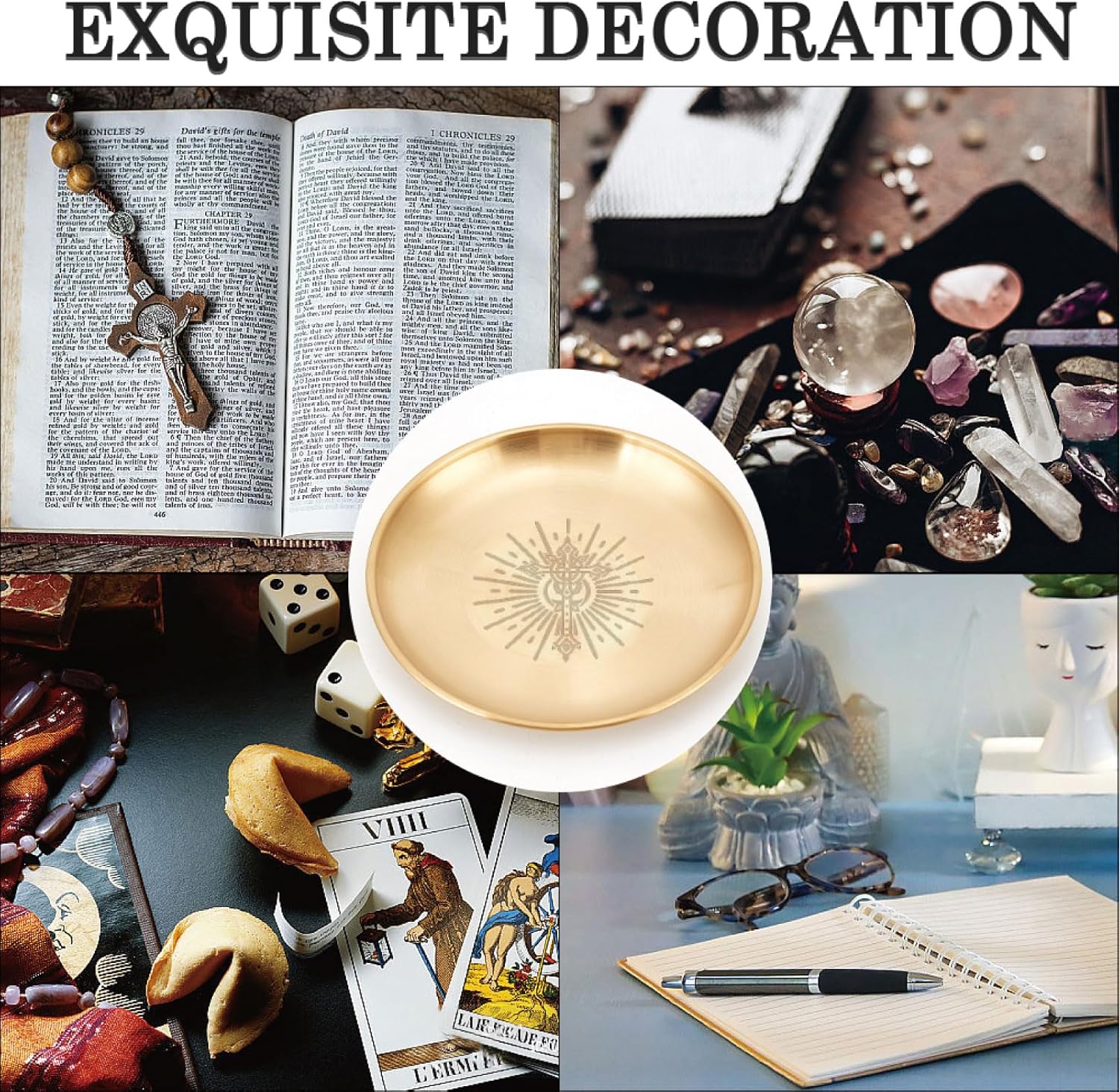 CREATCABIN Kreuz Opferschale Altar Ritualplatte Edelstahl Goldene Kristall Aufbewahrung Flache Schale Rundes Tablett Gebetsschale Kerzenhalter Schmuckschale Zum Räuchern Räuchergefäß 14x14cm