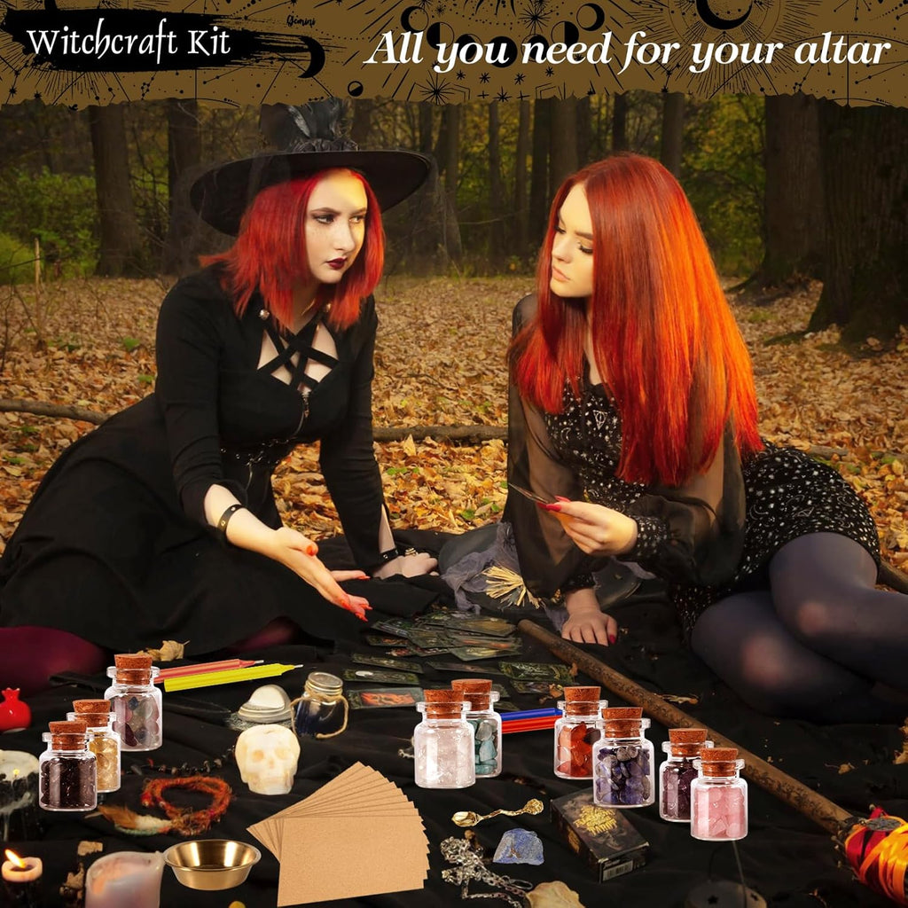 VIPNAJI Starter Witch Kit 64 Pieces Witchcraft Kit, Candles Small, Dried Flowers, Crystals, Measuring Spoons, Parchment Paper, Tumbled Gemstone Crystal Chips for Chimes, Magic, Witchcraft, Wish You
