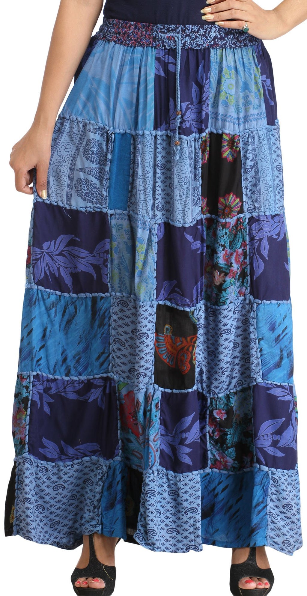 Exotic India Long Printed Dori Skirt from Gujarat with Patch Work - Rayon