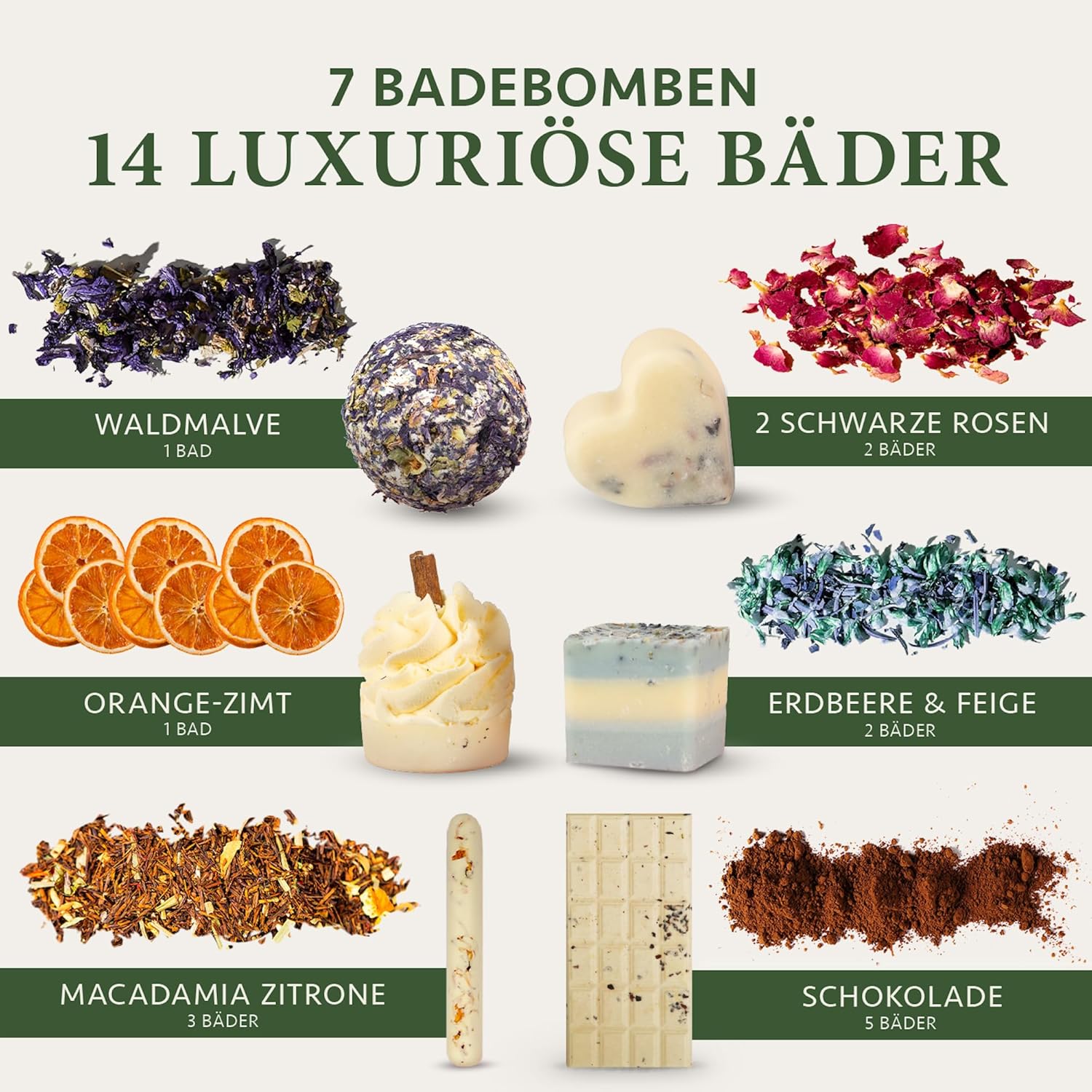 Satin Naturel 7 Luxuriöse BIO Badebomben Vegan für 14 Bäder - Geschenk für Sie - Wellness Geschenke für Frauen - Geburtstagsgeschenk für Frauen - Frauentag Geschenk