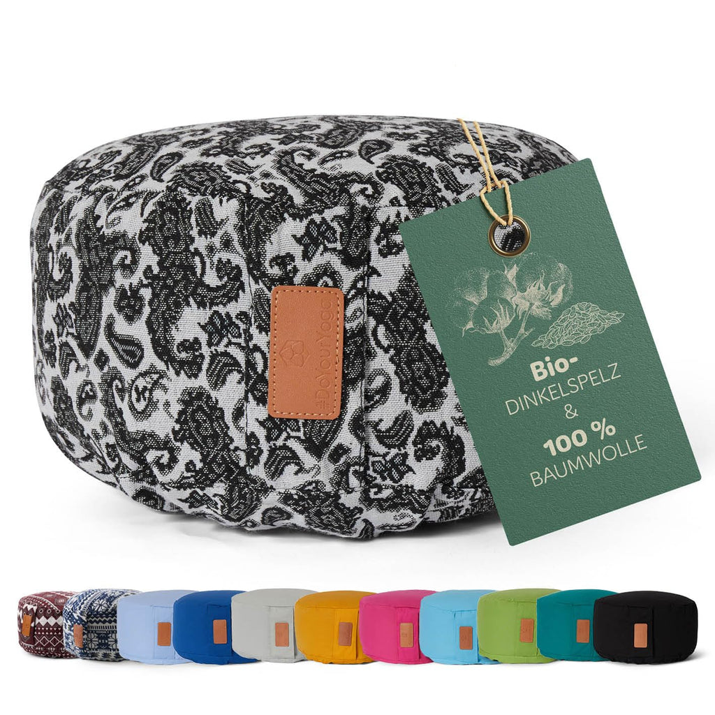 rundes Yogabolster 30cm x 15cm | Waschbarer Bezug |gefüllt mit Bio-Dinkelspelz (KBA) oder Bio-Buchweizenschalen (KBA) | Yoga Kissen für Yin Yoga & Meditation