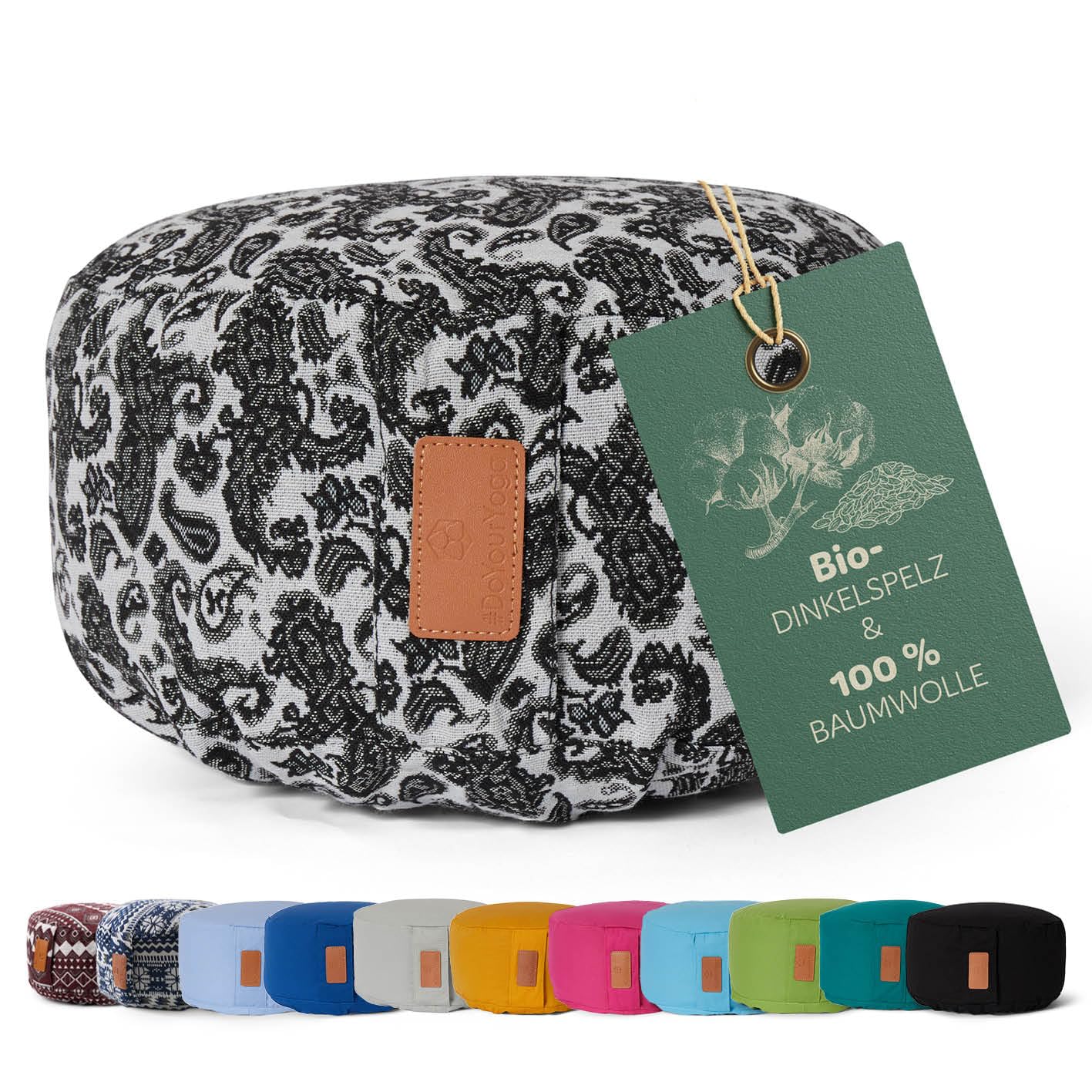 rundes Yogabolster 30cm x 15cm | Waschbarer Bezug |gefüllt mit Bio-Dinkelspelz (KBA) oder Bio-Buchweizenschalen (KBA) | Yoga Kissen für Yin Yoga & Meditation