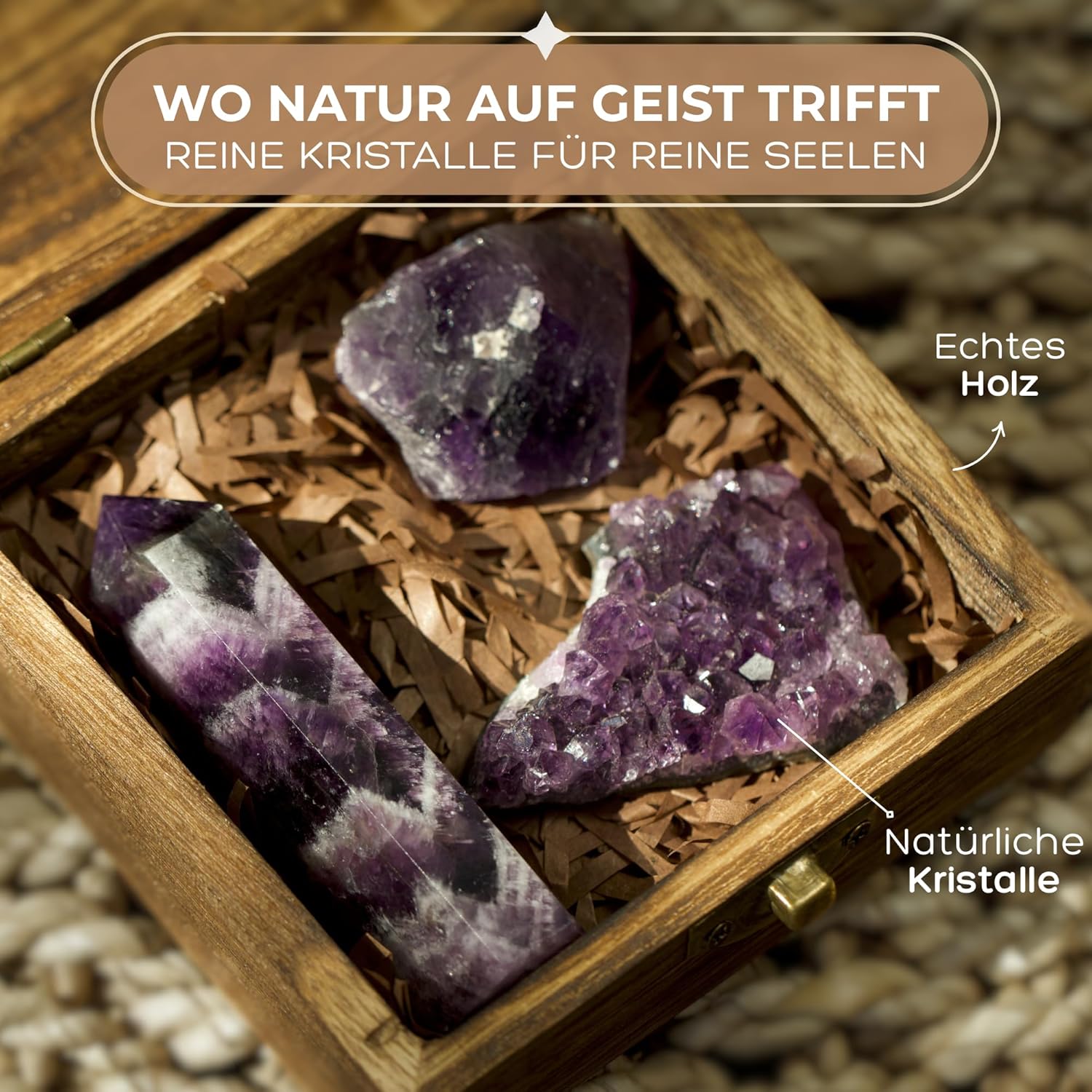 Anima Premium Amethyst Stone Set - Amethyst Tower, Cluster and Raw Crystal - Large Crystals and Healing Stones in Wooden Box - Ideal Spiritual Gift for Women for Meditation and Restful Sleep