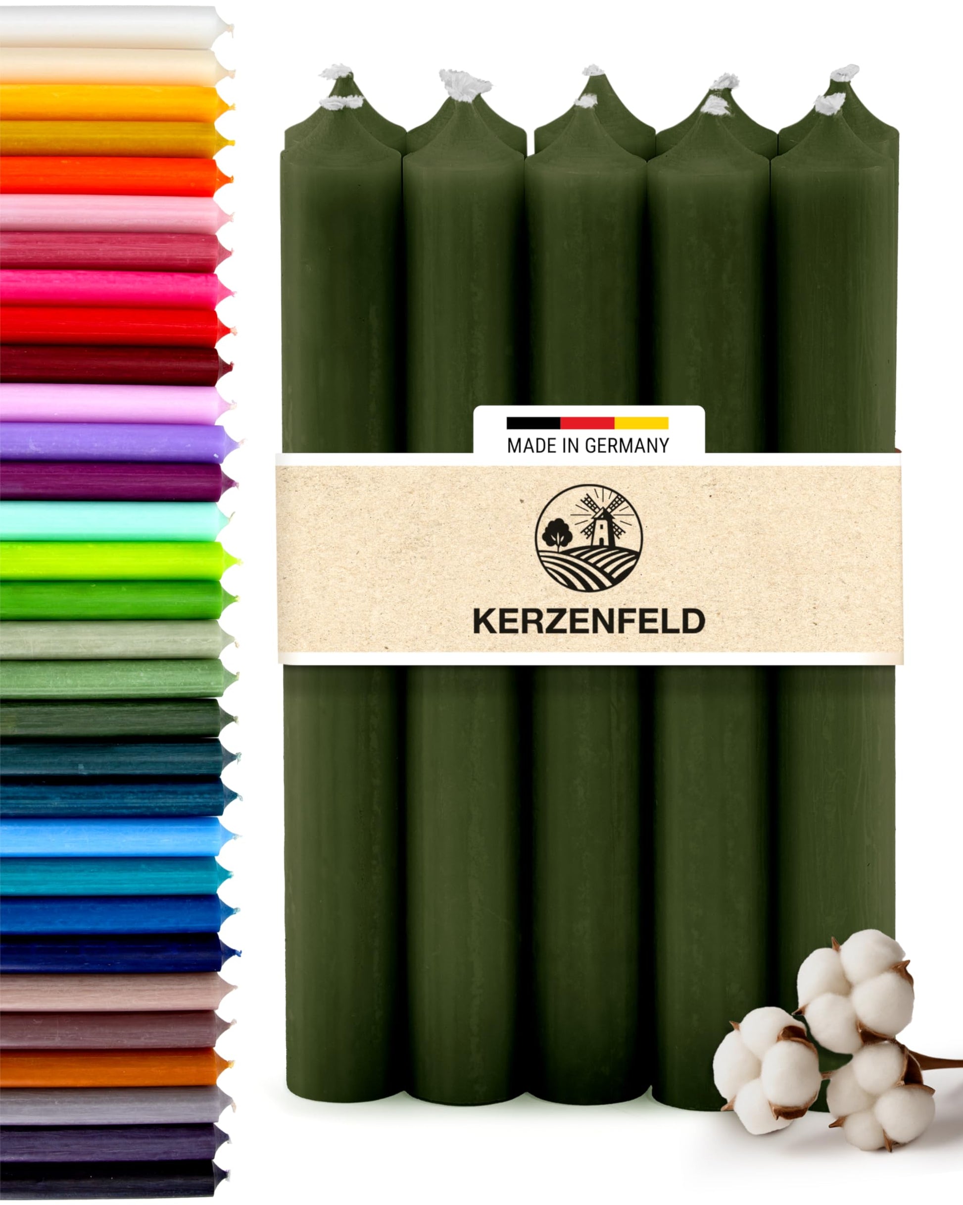 Bunte Stabkerzen Durchgefärbte, 10 Stück, 180mm x 22mm, Spitzkerzen, 8+ Stunden Brenndauer, Made in Germany - Ohne Tropfen & Rußen - Unparfümierte und RAL-Zertifizierte Tafelkerzen (Jade Grün)