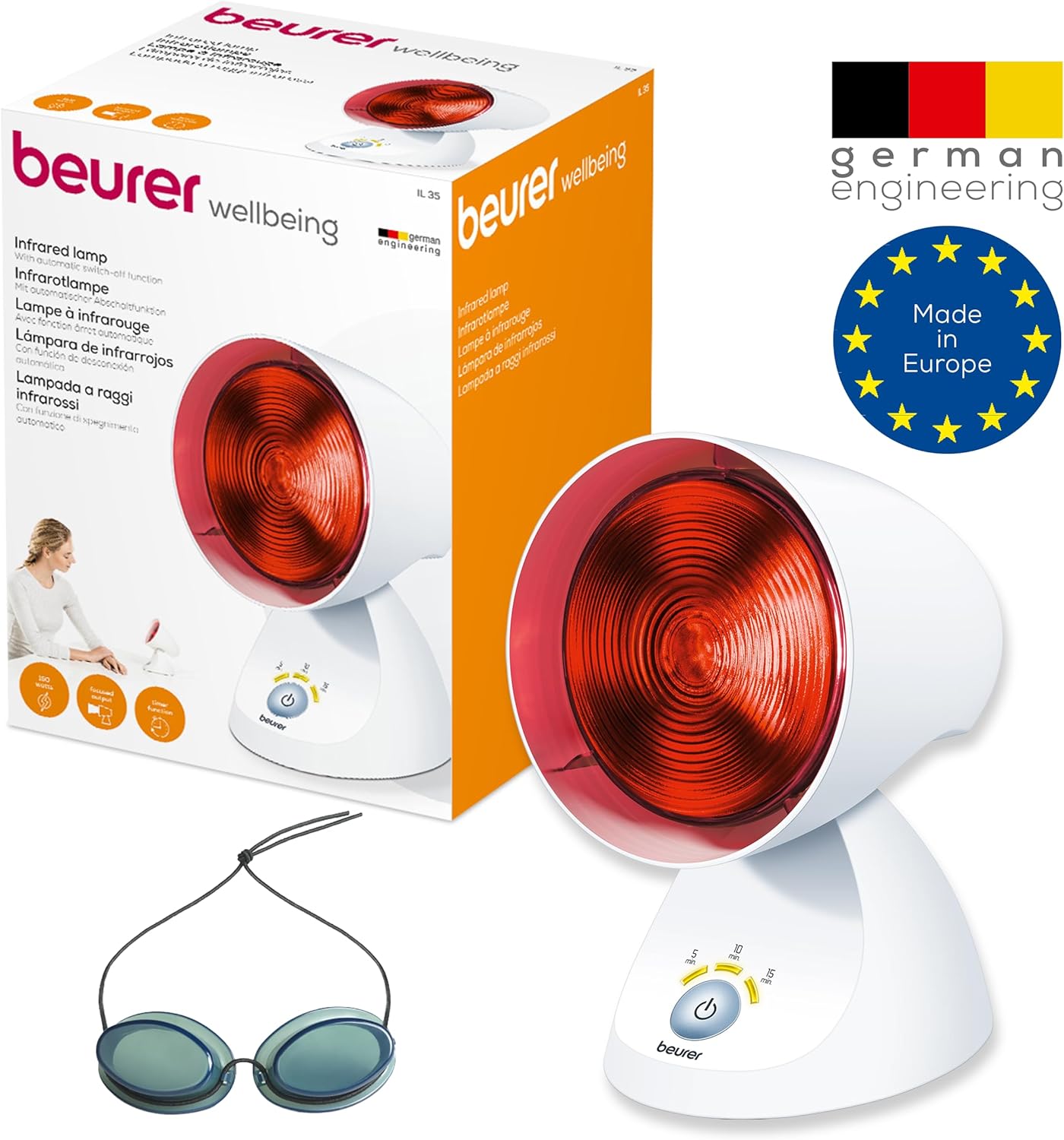 Beurer IL 35 Infrarotlampe, wohltuendes und wärmendes Infrarotlicht mit 3-stufigem Timer, 5 Neigungswinkeln, Lockerung von Muskeln und Linderung von Verspannungen, 1 Stück , Weiß