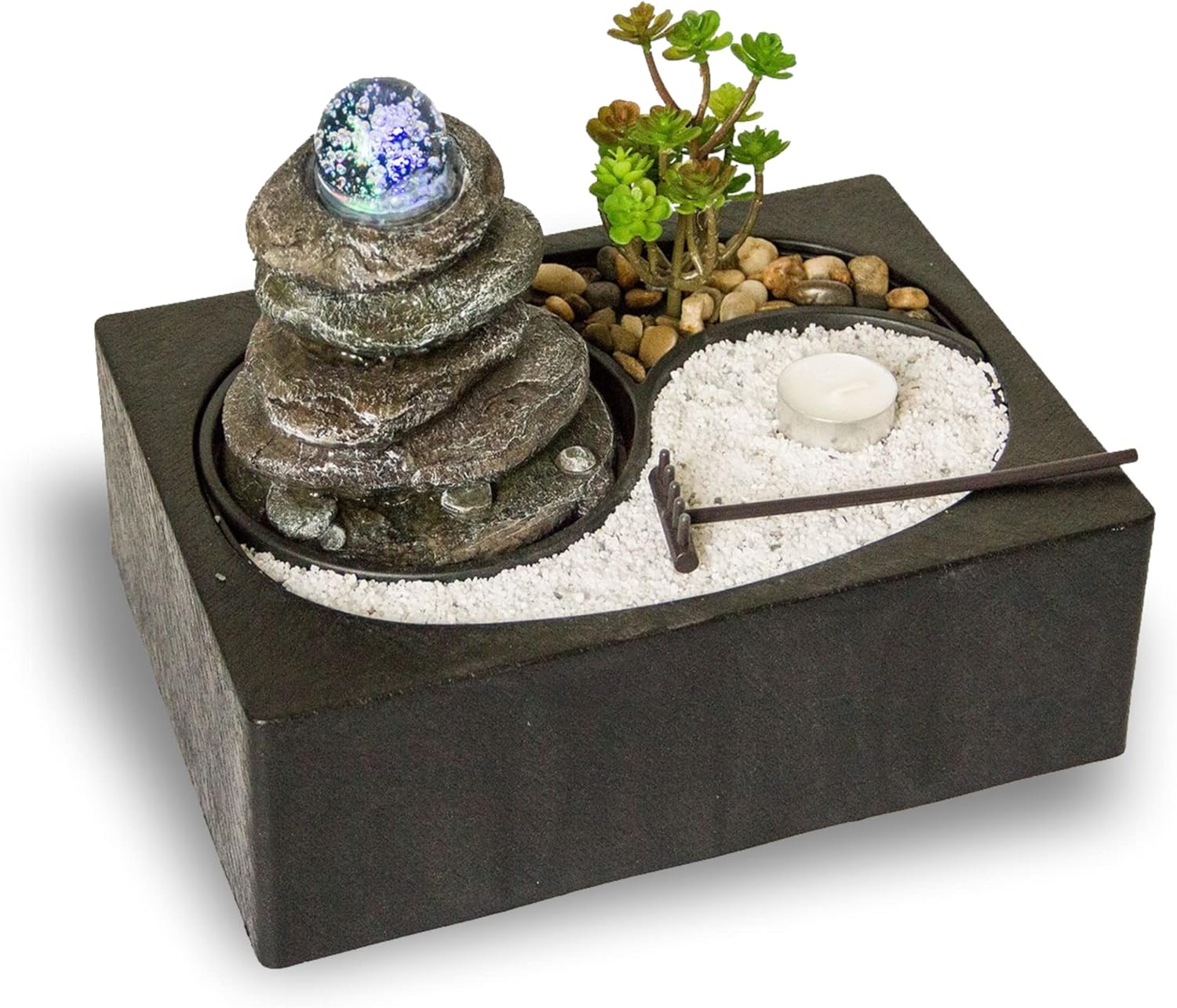 Zimmerbrunnen mit LED-Beleuchtung | Tischbrunnen mit Wasserfall und beweglicher Glaskugel | dekorativer Zierbrunnen mit Feng Shui Elementen | Springbrunnen mit Yin Yang Felsengarten für Zuhause
