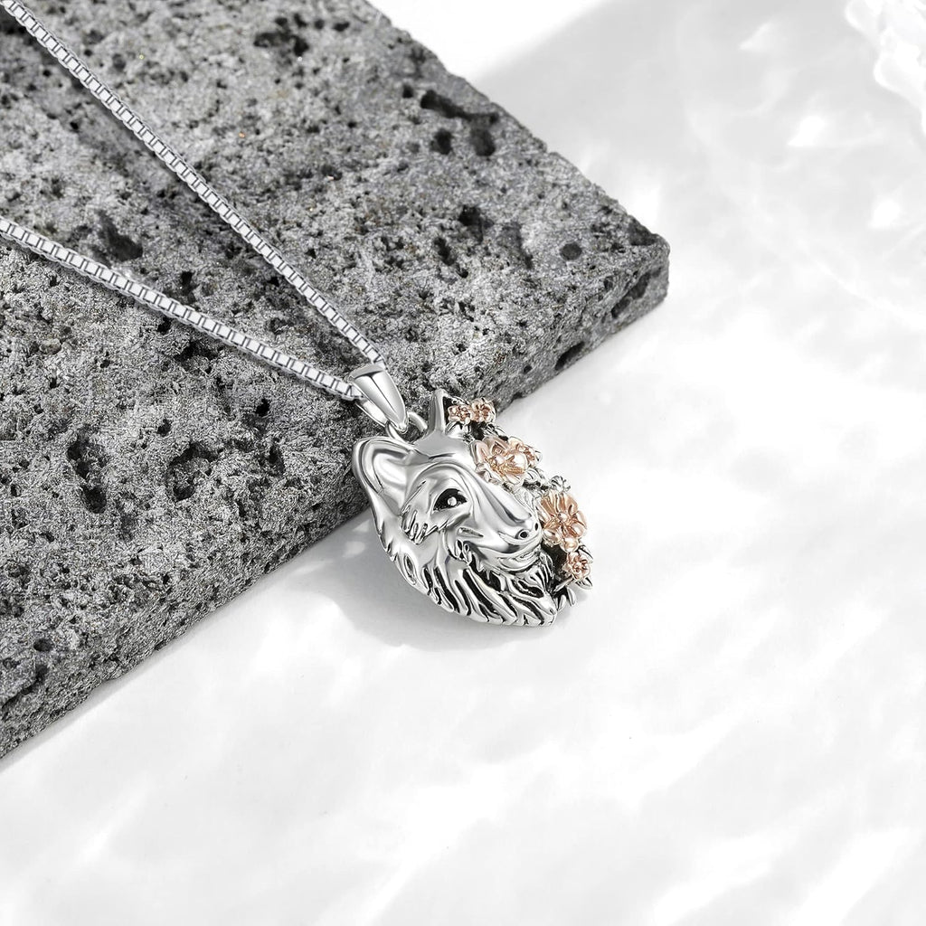 CUPENDA Wolf Halskette Sterling Silber Heulender Wolfskopf Blume Anhänger Halskette Nordische Wikinger Schmuck Geschenke für Frauen